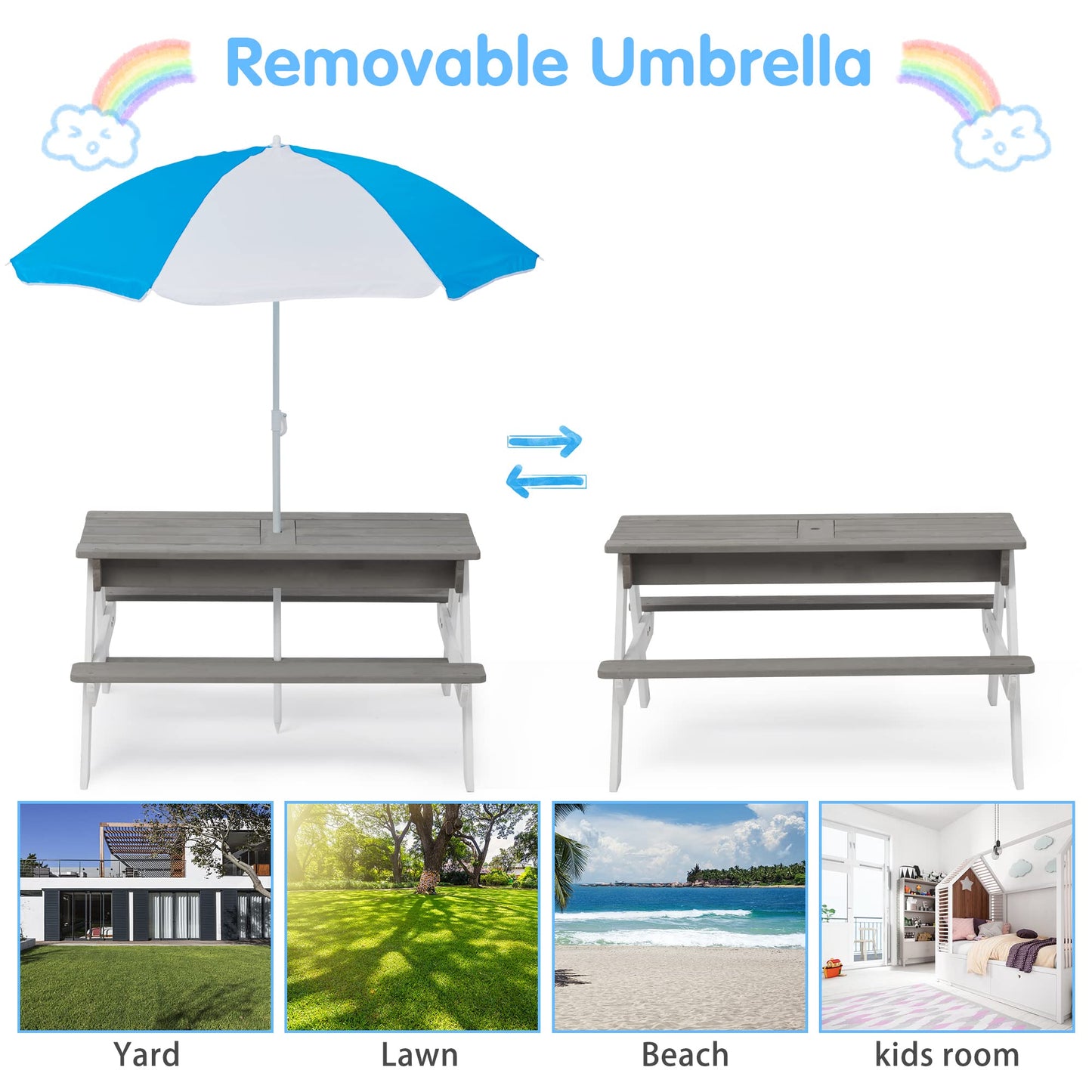 WEALTHGIRL 3-in-1 Kids Outdoor Wooden Picnic Table with Adjustable 43" Umbrella, Convertible Sand & Water Activity Center, Solid Cedar Wood Construction, Spacious Seating for Four