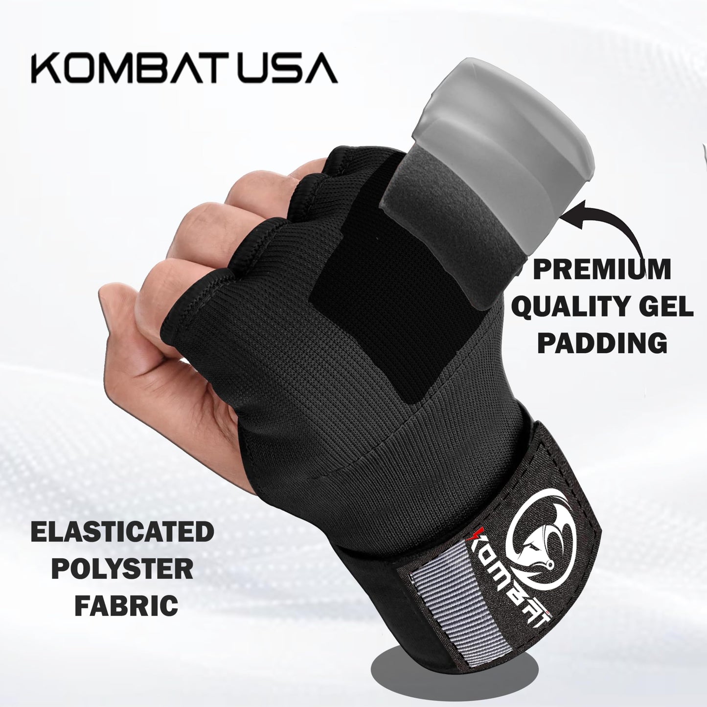 Kombat Gel Boxing Hand Wraps Inner Gloves for Men and Women, 75cm Quick Wrist Wraps Guard, Muay Thai MMA Kickboxing Martial Arts Punching Training Bandages, Hand Wraps for Boxing (Black, Medium)
