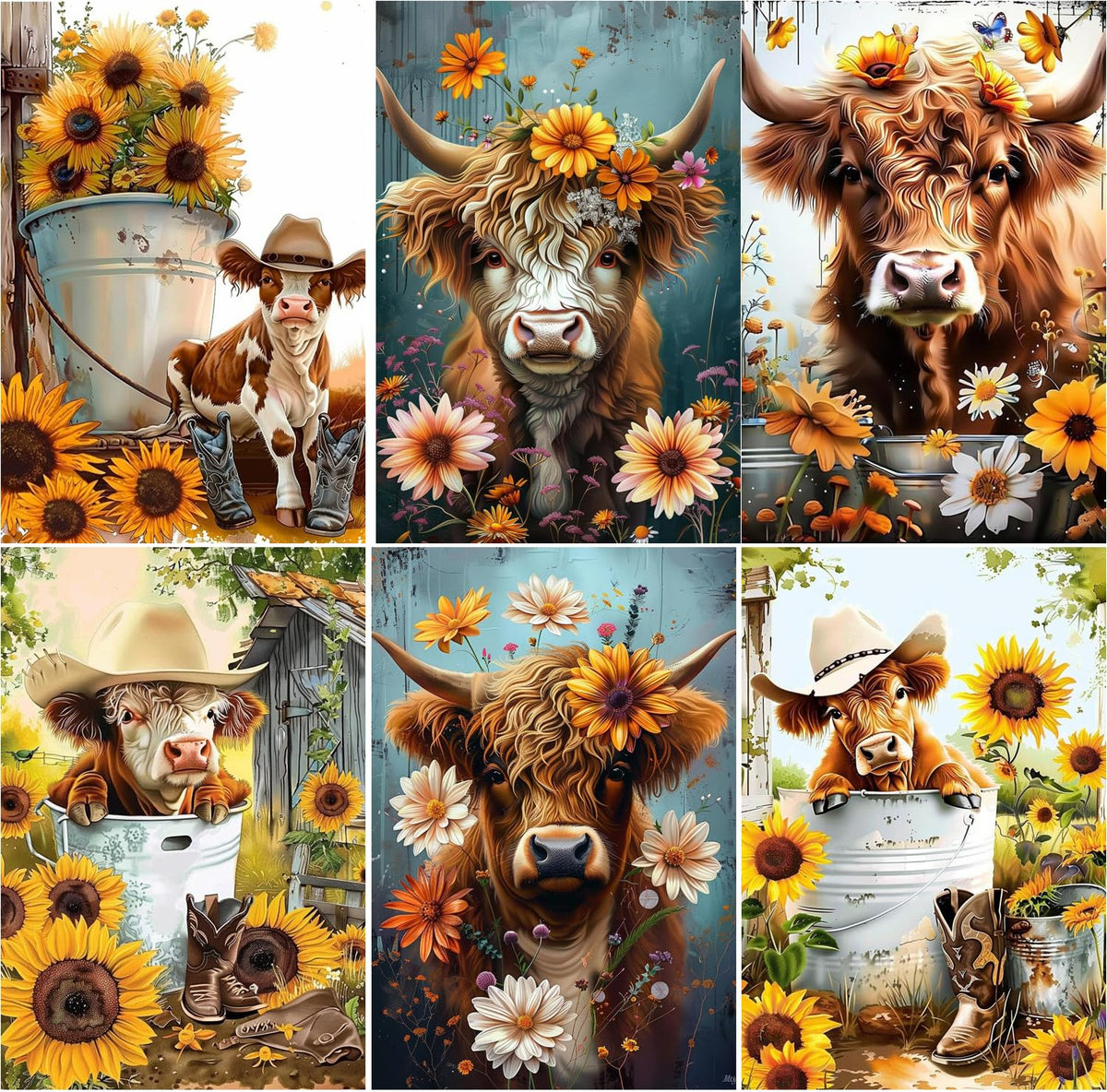 EWJRNSF 6 Pack 5D Diamond Painting Kits for Adults, Highland Cow Diamond Arts Kits Diamond Art Sets,Gem Painting by Number Kits for Adults Beginners Home Wall Decor 11.8x15.7 Inches
