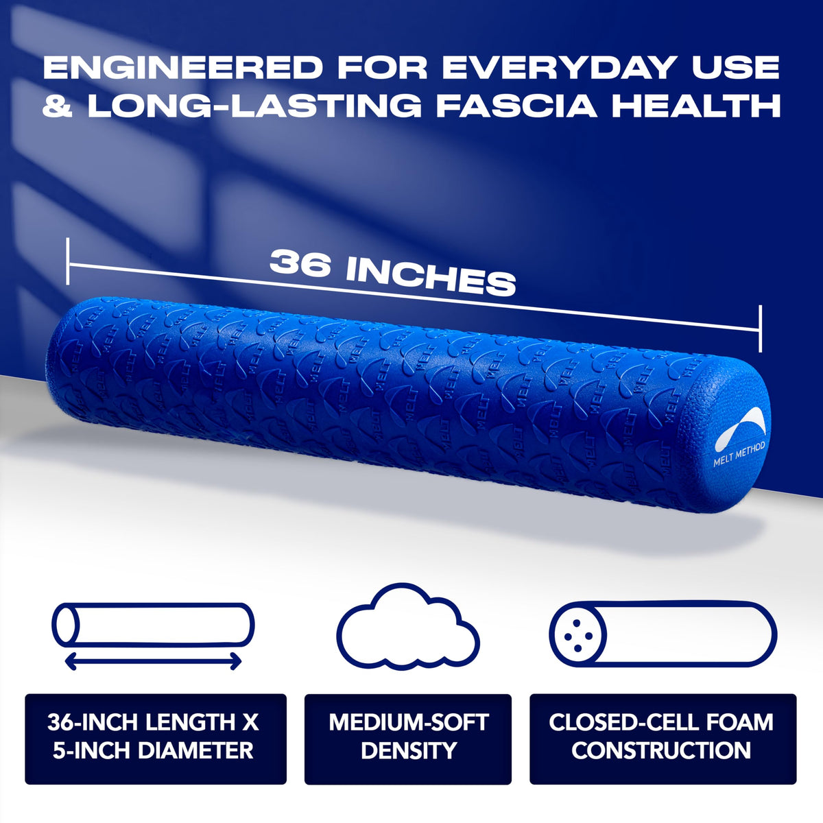 MELT Method 36 Inch Soft Foam Roller for Physical Therapy and Exercise Recovery - FasciaTherapy Technology - Low Density Exercise Foam Roller for Full Body Gentle Compression - Blue