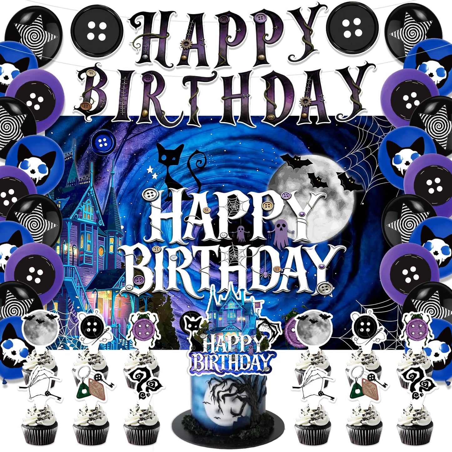 42Pcs Button Party Halloween Night Birthday Party Decorations Includes Cake Toppers,Cupcake Toppers, Banner, Backdrop, Balloons Halloween Party Supplies