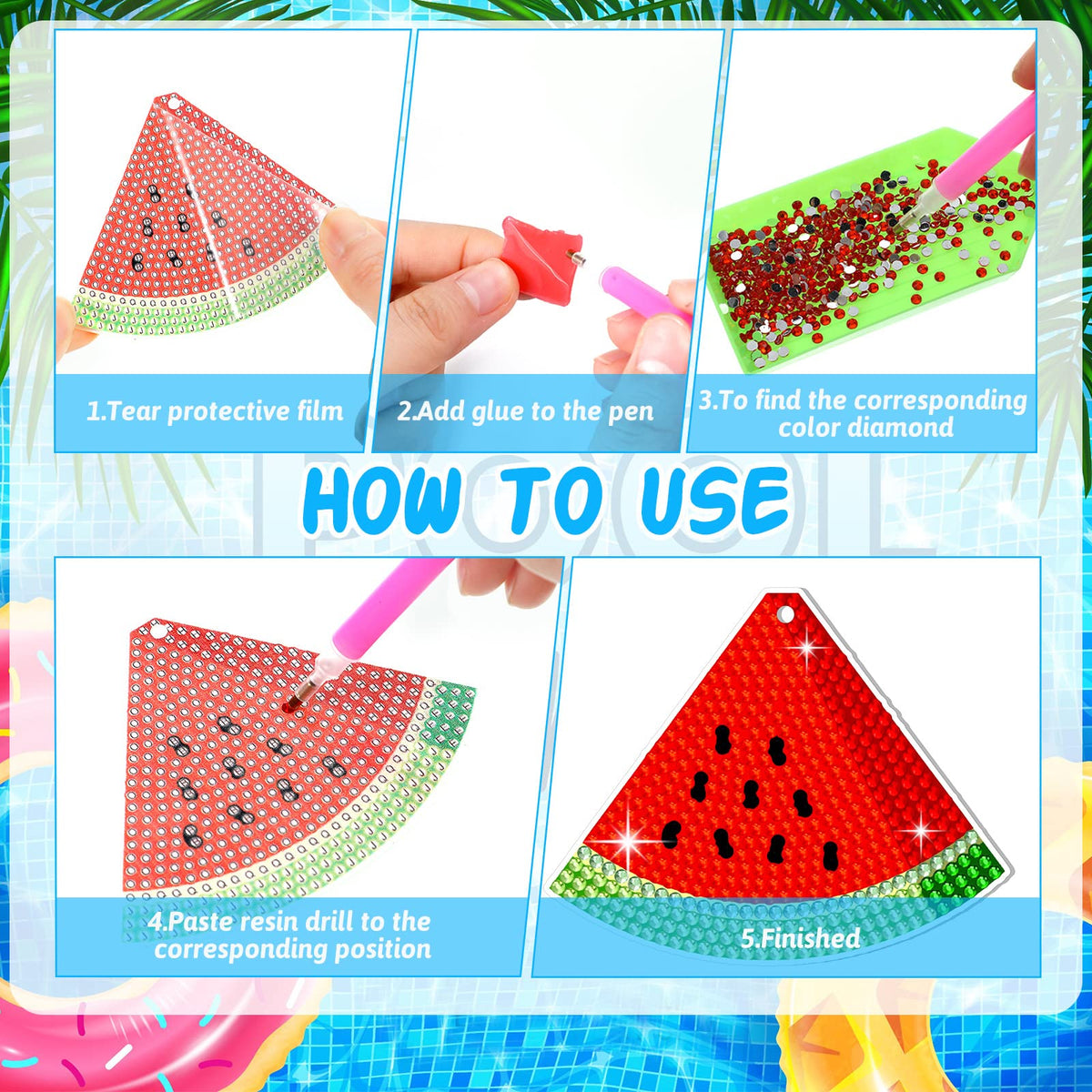 Thinkday 12 Pack Summer Diamond Painting Keychain Kits 5D Diamond Art Keychains DIY Painting Kit Summer Hanging for Kids DIY Crafts