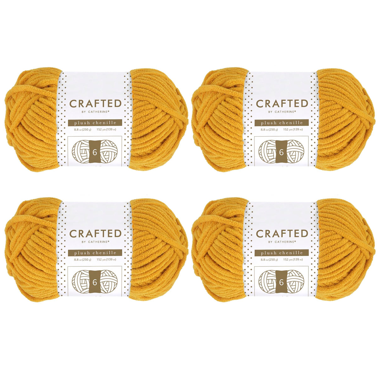 Crafted by Catherine Plush Chenille Yarn for Knitting, Crocheting and Amigurumi - 4 Pack (8.8 oz / 250g, 152 Yards Each Skein), Mustard, Gauge 6 Super Bulky