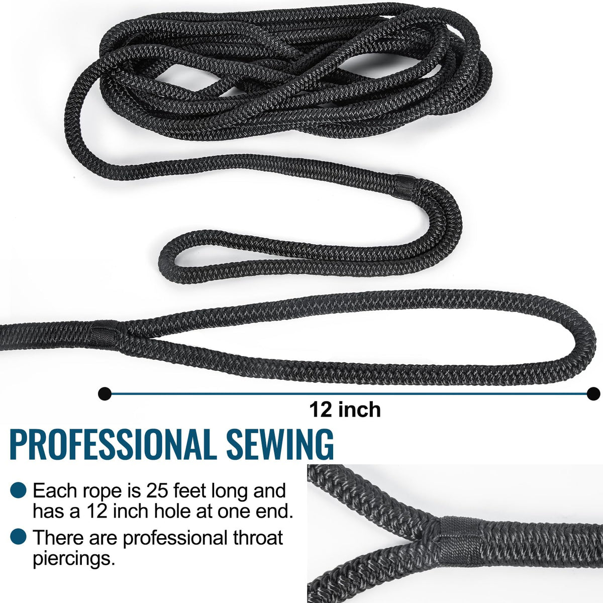 4 Pack 1/2" x 25’ Boat Dock Lines for Boat & Pontoon, Premium Marine- Grade Double Braided Nylon Dock Line, Pre-Spliced with a 12" Eyelet-Black,Boating Gifts for Men