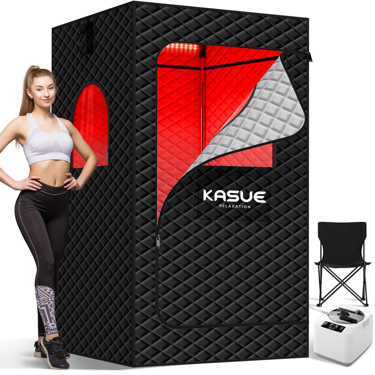 KASUE Portable Steam Sauna Tent for Home, Infrared Sauna with 3L Steamer, 9 Temp Levels & 99 Min Timer, 5-Layer Waterproof Insulated, Folding Chair Included, Indoor Spa (Light Black)