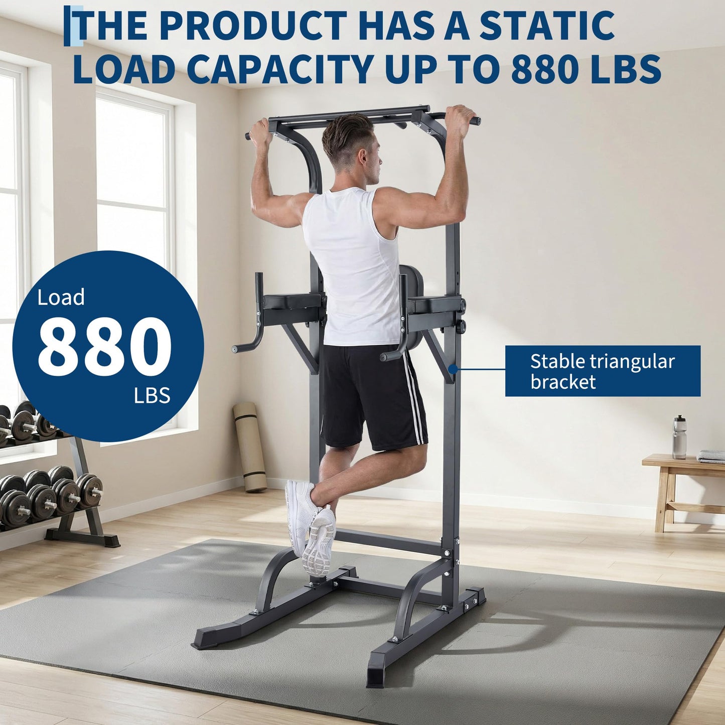 Power Tower Pull Up Bar Dip Station, Adjustable Height Home Gym Equipment, Heavy Duty Strength Trainer with 880 Lbs Capacity, Multi-Function Workout for Full Body Exercise, Stable Fitness Equipment