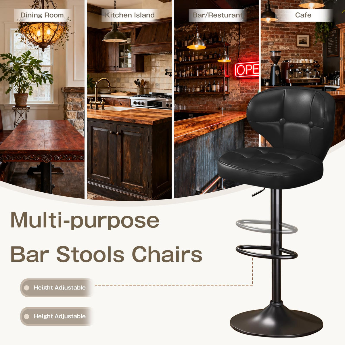Walktory Bar Stools Set of 6, Adjustable Swivel Bar Stools with Back, Counter Height Bar Chairs with Footrest, PU Leather Padded Seat, Metal Base, Kitchen Island Dining Room Black