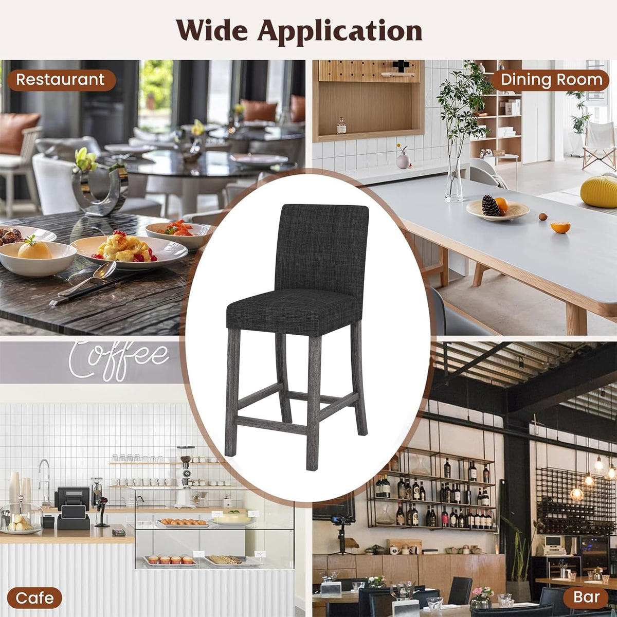 ERGOMASTER Counter Height Bar Stools Set of 6, 24.5'' Fabric Upholstered Barstools Mid Century Modern Island Bar Chairs with Back for Kitchen, Dining Room, Bar, Restaurant, Charcoal Grey