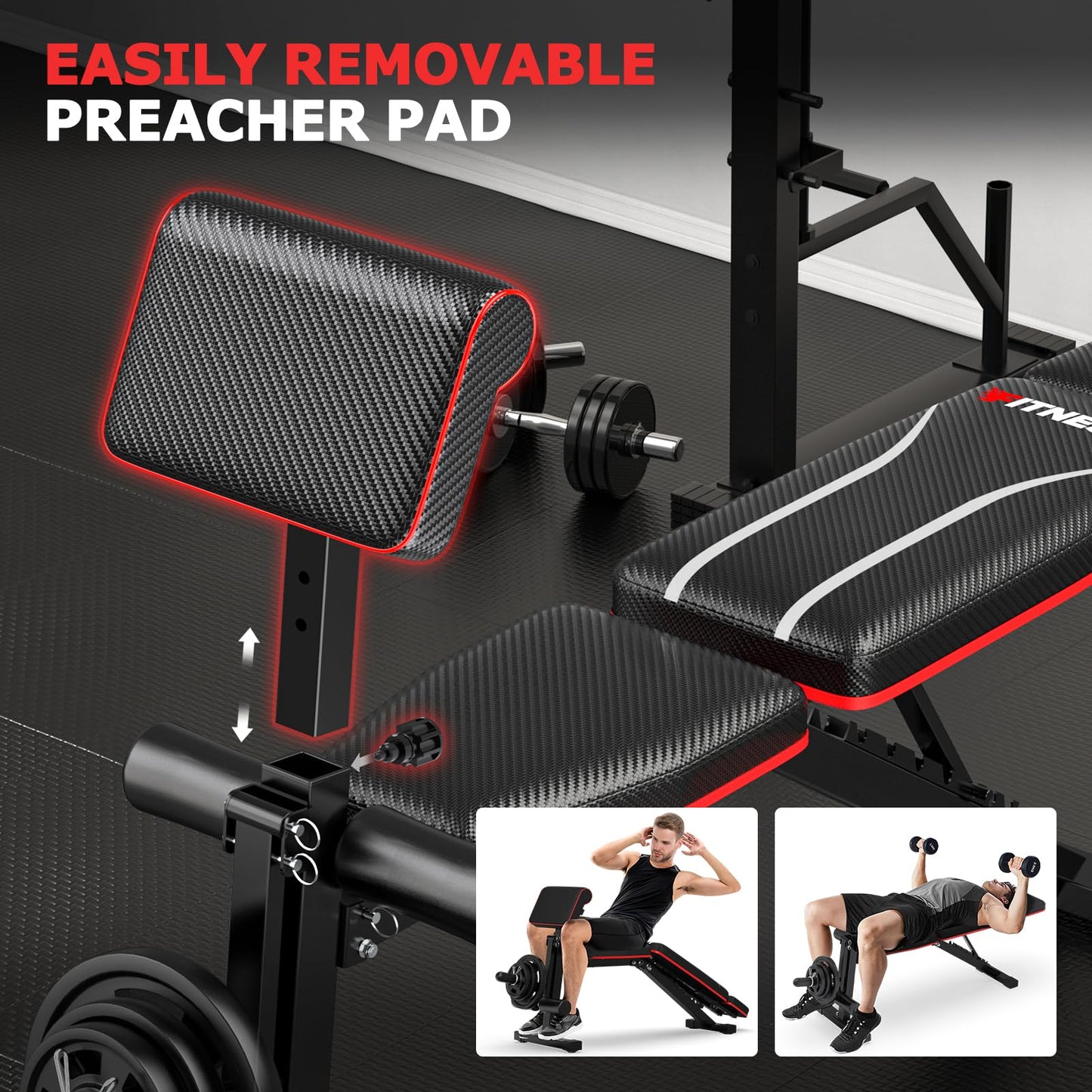 Fostoy Foldable Workout Bench, Adjustable Weight Bench for Home Gym, Multi Functional Gym Bench w/Leg Extension &Preacher Pad, Extra Headrest, Fast Folding Strength Training Incline Sit up Bench 800LB