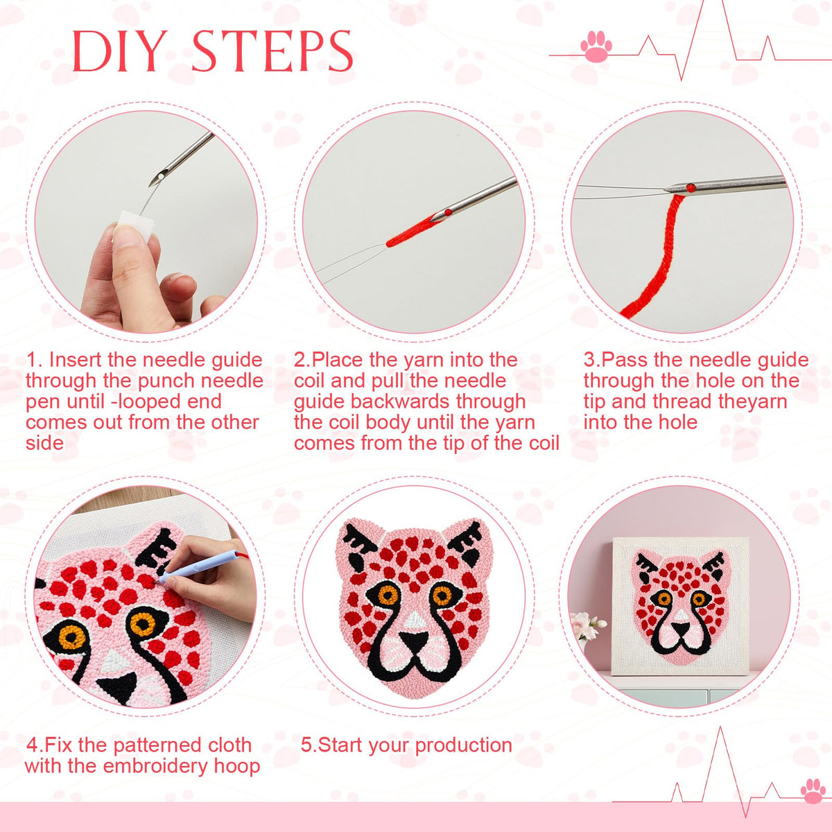 Preboun Leopard Punch Needle Kit, Punch Needle Embroidery Kit for Beginners Adults, 11.8''x11.8'' Punch Needle Set Including Yarns Tools, DIY Punch Needle Kit for Wall Decorations and Seat Cushions