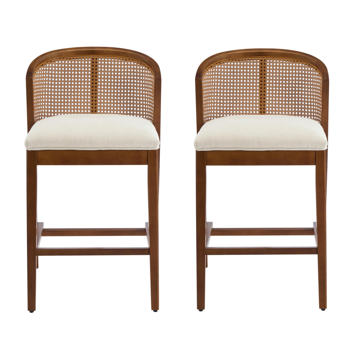 Christopher Knight Home JENA Rattan Counter Stools Set of 2, Counter Height Bar Stools for Bar Table, Rubberwood Frame with Upholstered Barstools, Wood Accent Chair with Footrest, Beige + Walnut