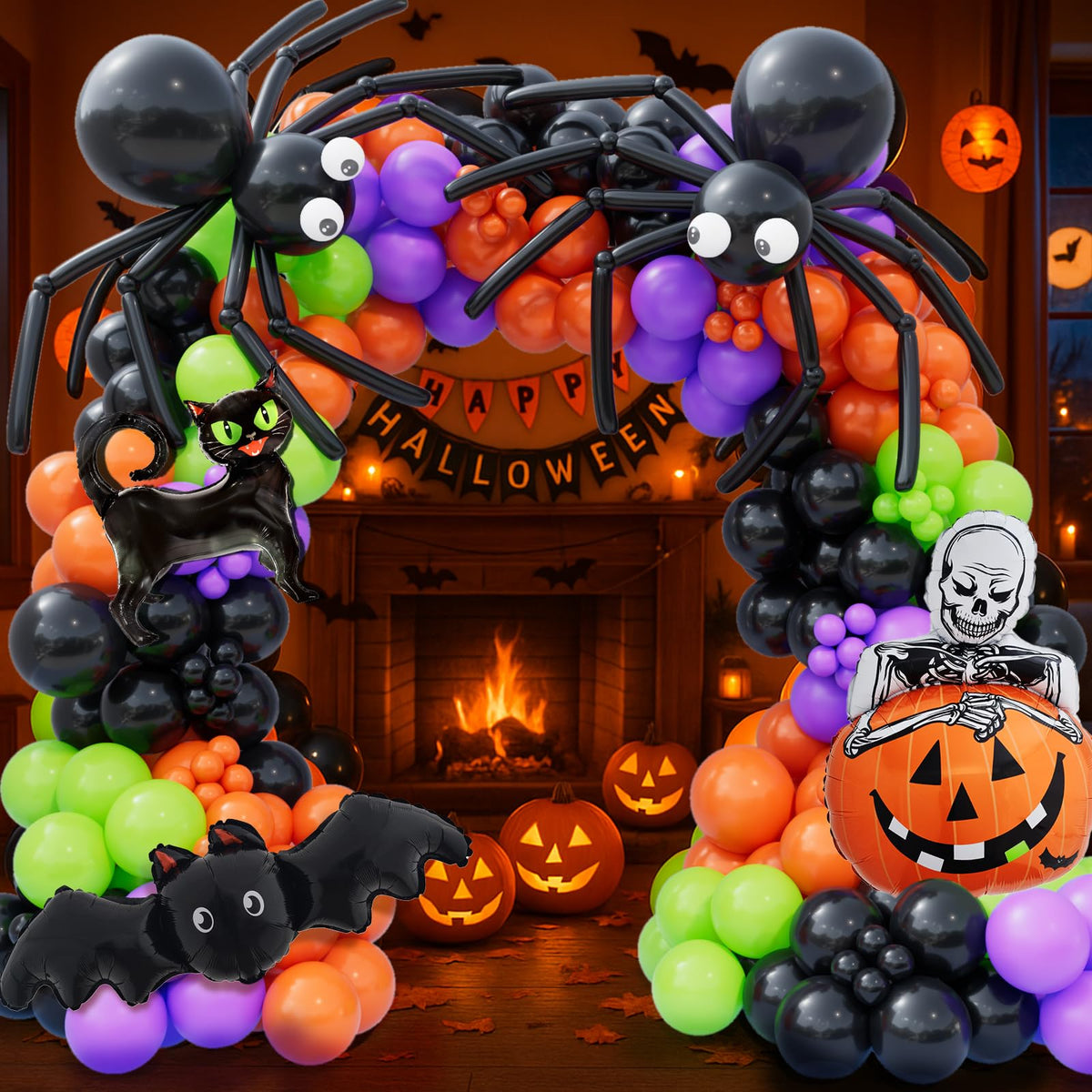 Bonropin 173pcs Halloween Balloon Garland Arch kit with Black Orange Green Purple Balloons Spider Balloons Halloween Foil Balloons for Haloween Theme Party Background Classroom Decorations