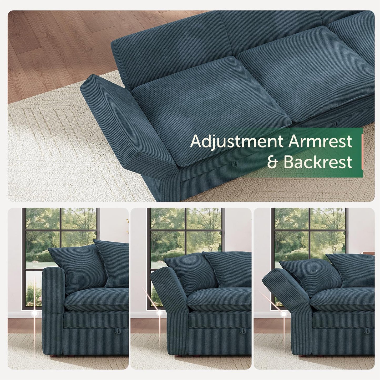 HONBAY Modular Sectional Sleeper Sofa, Corduroy 6 Seater Couch with Storage, Sectional Sleeper Couches for Living Room, Blue