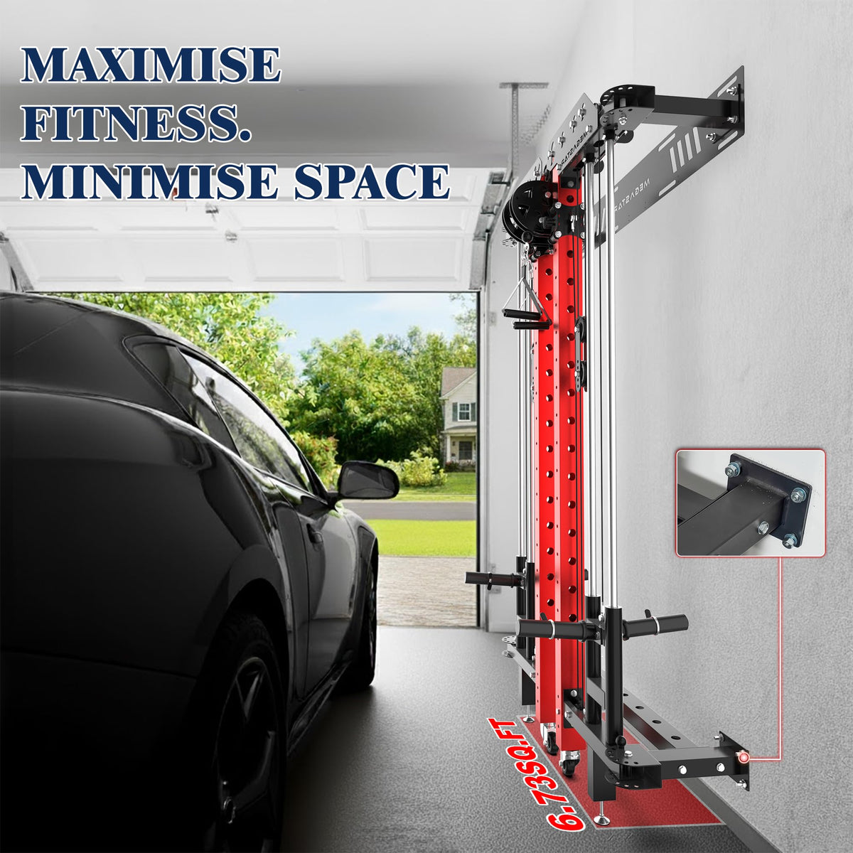 Power Cage, Folding Power Rack, 2000LBS Wall Mounted Squat Rack with Cable Pulley System, Landmine Attachment and Multi-Grip for Home Gym Small Space