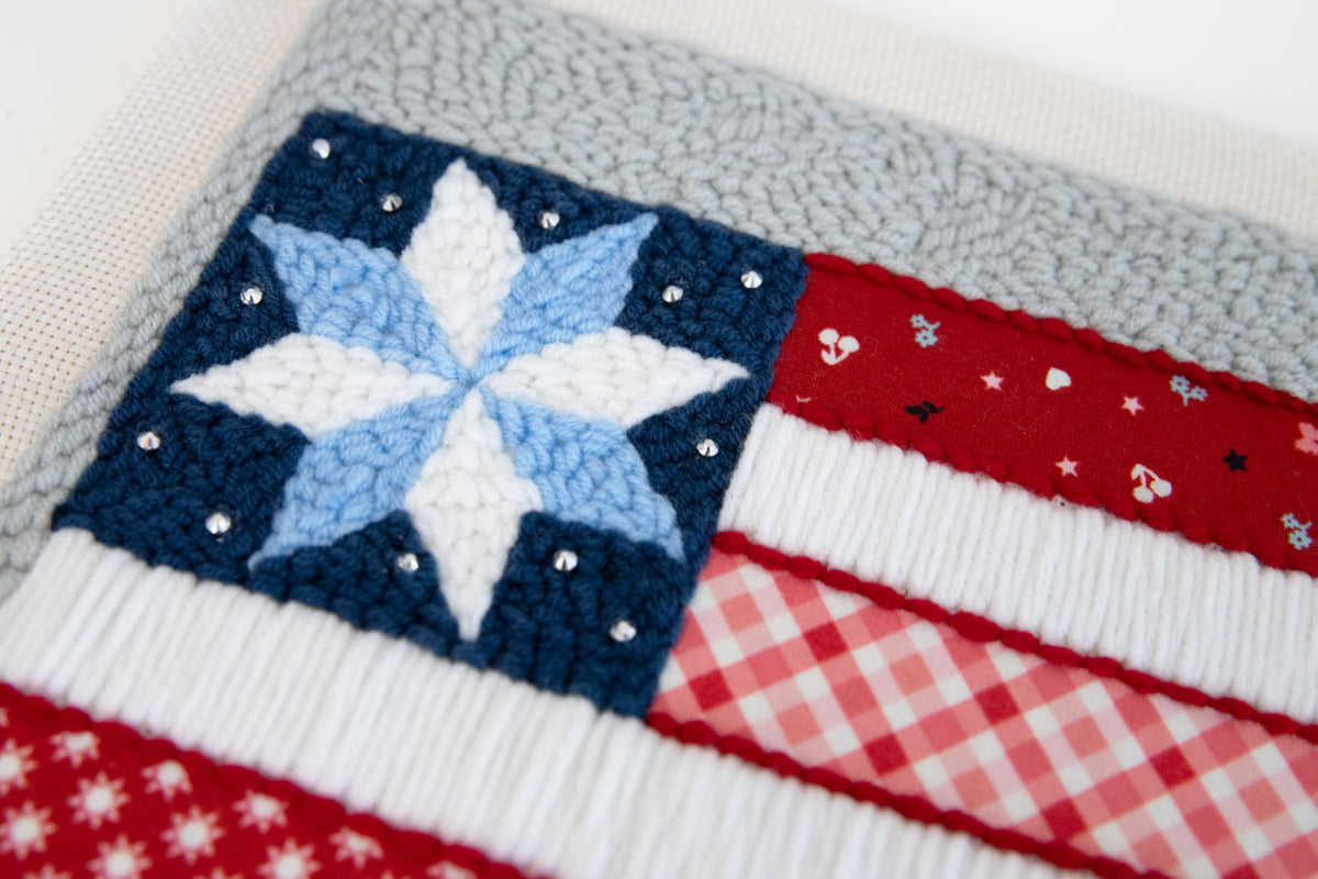 Kimberbell Stars & Stripes Forever Punch Needle Kit – Complete Patriotic Craft Set with Tool, Yarn, Hoop, Monks Cloth, Appliqués & Rhinestones – DIY Punch Needle Plus Kit with Video Tutorials
