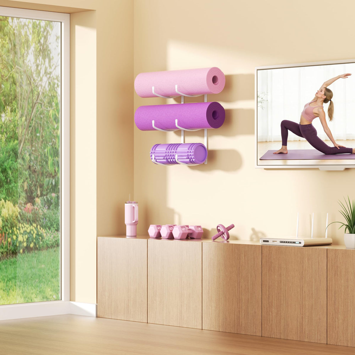 Josmimic Yoga Mat Holder Wall Mount, 3-Tier Storage Rack for Yoga Mat, Foam Roller, Block, Yoga Accessories, Wall Organizer for Home Gym, Gym, Workout Room, Metal, White