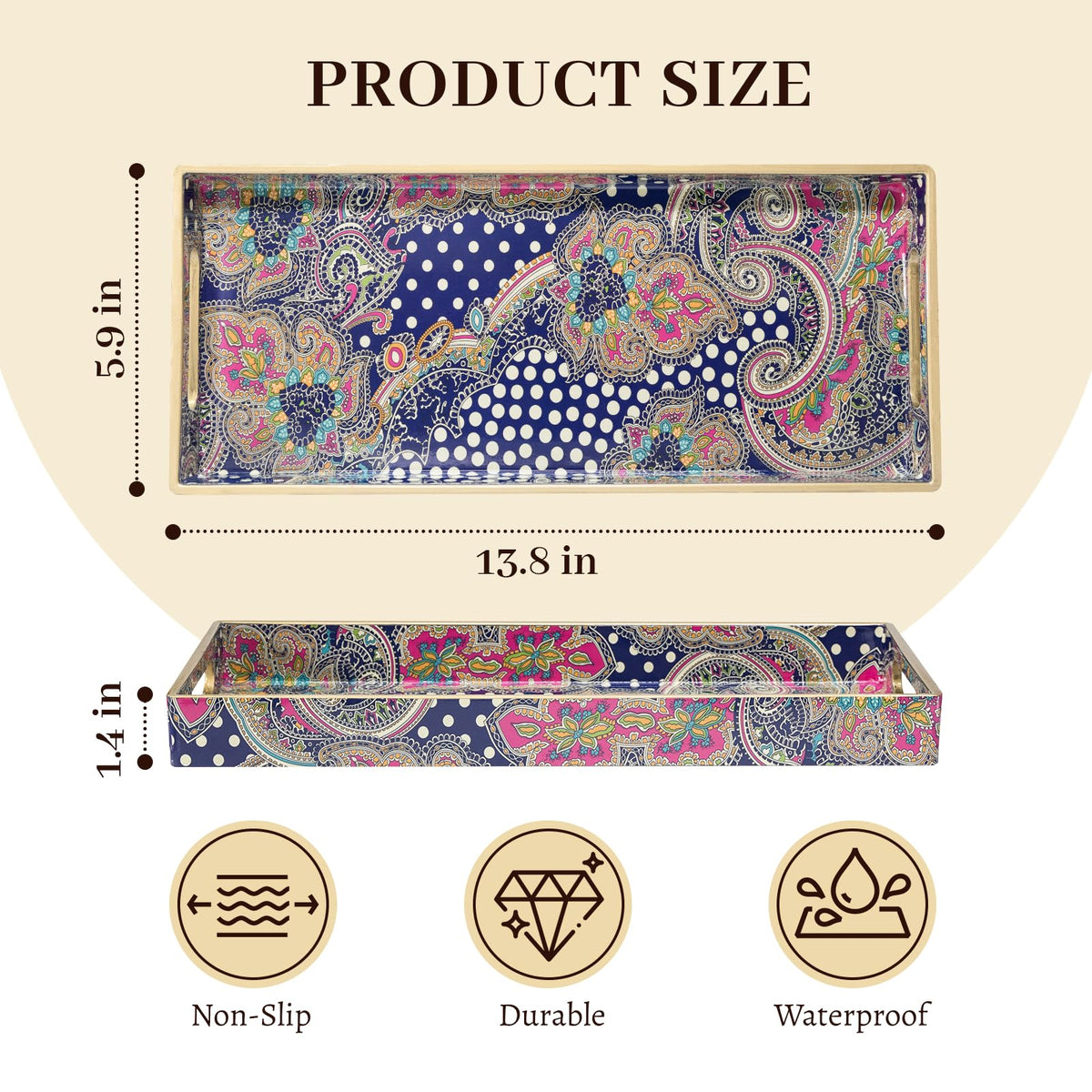 MAONAME Plastic Vanity Tray, Bathroom Counter Tray, Decorative Trays with Handles, Storage Dresser Trays Organizer for Toilet Tank, Jewelry, Makeup, 13.8" x 6" x 1.57"
