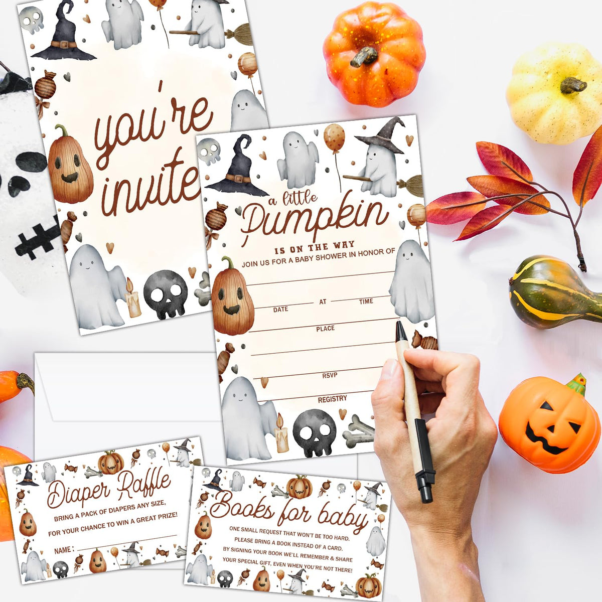 ZEDEV Deluxe Baby Shower Invitations 25 Sets, A Little Pumpkin Is On The Way, Pumpkin Cute Ghost for Halloween, Party Invites Cards with Book Cards Diaper Raffle Tickets and Envelopes -02