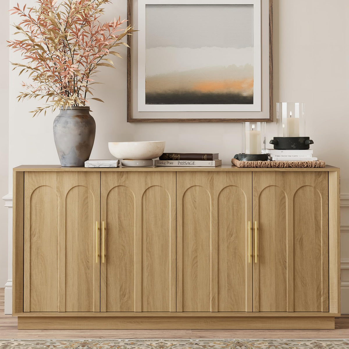 FORTUNETEC Sideboard Buffet Cabinet with Storage, Modern Accent Cabinet with Arched Doors, Boho Modular Media Console, 67" Large Minimalist Credenza for Living Room Kitchen Dining Room Entryway, Oak