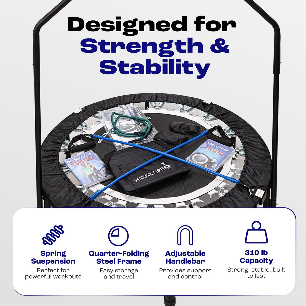 Maximus PRO Folding Rebounder Fitness Trampoline | Voted #1 Indoor Mini Exercise Trampoline for Adults with Bar | Best Home Gym for Fitness & Lose Weight | Free Storage Bag, Resistance Bands, Awesome