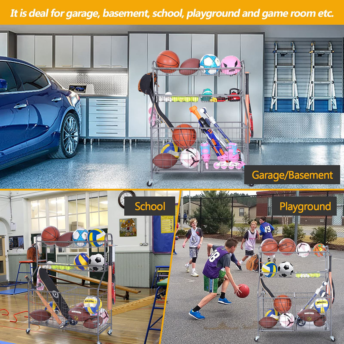 Kinghouse Rolling Sports Equipment Organizer with Wheels, Garage Ball Storage Rack for Basketball, Toys, for Garage, Indoor, Gym, Outdoo, Includes Metal Storage Bin, Bat Holder, Hooks