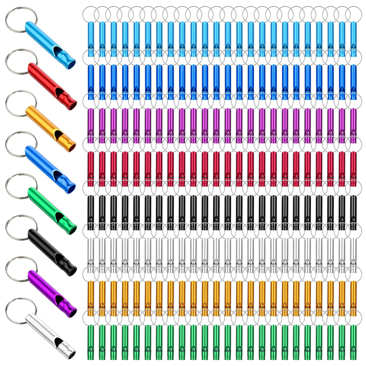 Aphumedc 200Pcs Emergency Whistles with Keychains, Aluminum Extra Loud Survival Whistle, Whistle Bulk for Camping Hiking Hunting Boating Training Outdoor Sports, Multicolor