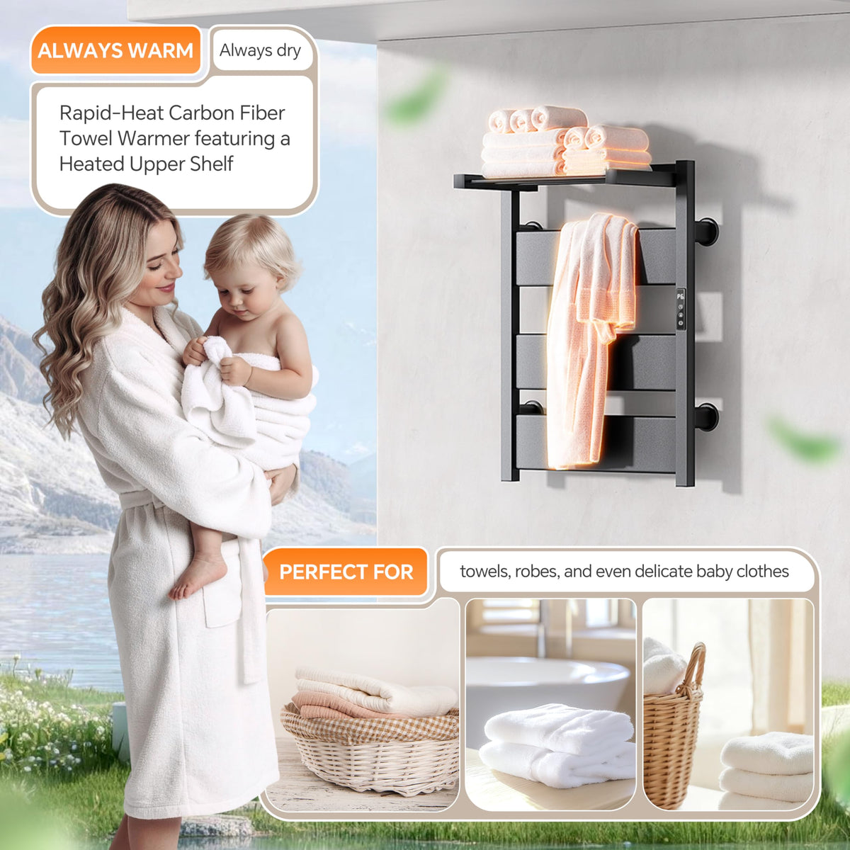 EIKANIOS Electric Heated Towel Warmer with Heated Top Shelf, Upgraded Flat Panel Towel Drying Rack with Timer & Temp Control, Left or Right Plug-in/Hardwired Options, Wall Mounted for Bathroom