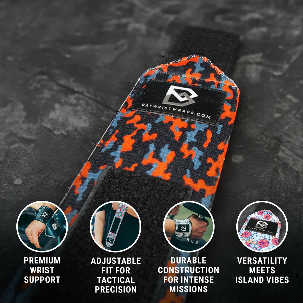Bay Wrist Wraps Weightlifting Workout Wrist Brace - Adjustable, One Size Fits All - Comfort Wrist Wraps for Weightlifting with Thumb Loop, Lifting Wrist Straps in Orange Camo - 18-inch Wrist Wrap