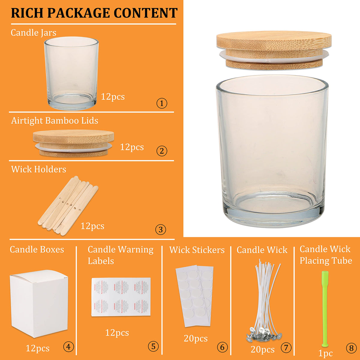 MILIVIXAY 12 Pack 12 OZ Clear Glass Candle Jars with Lids and Candle Making Kits - Bulk Empty Candle Jars for Making Candles - Spice, Powder Containers.