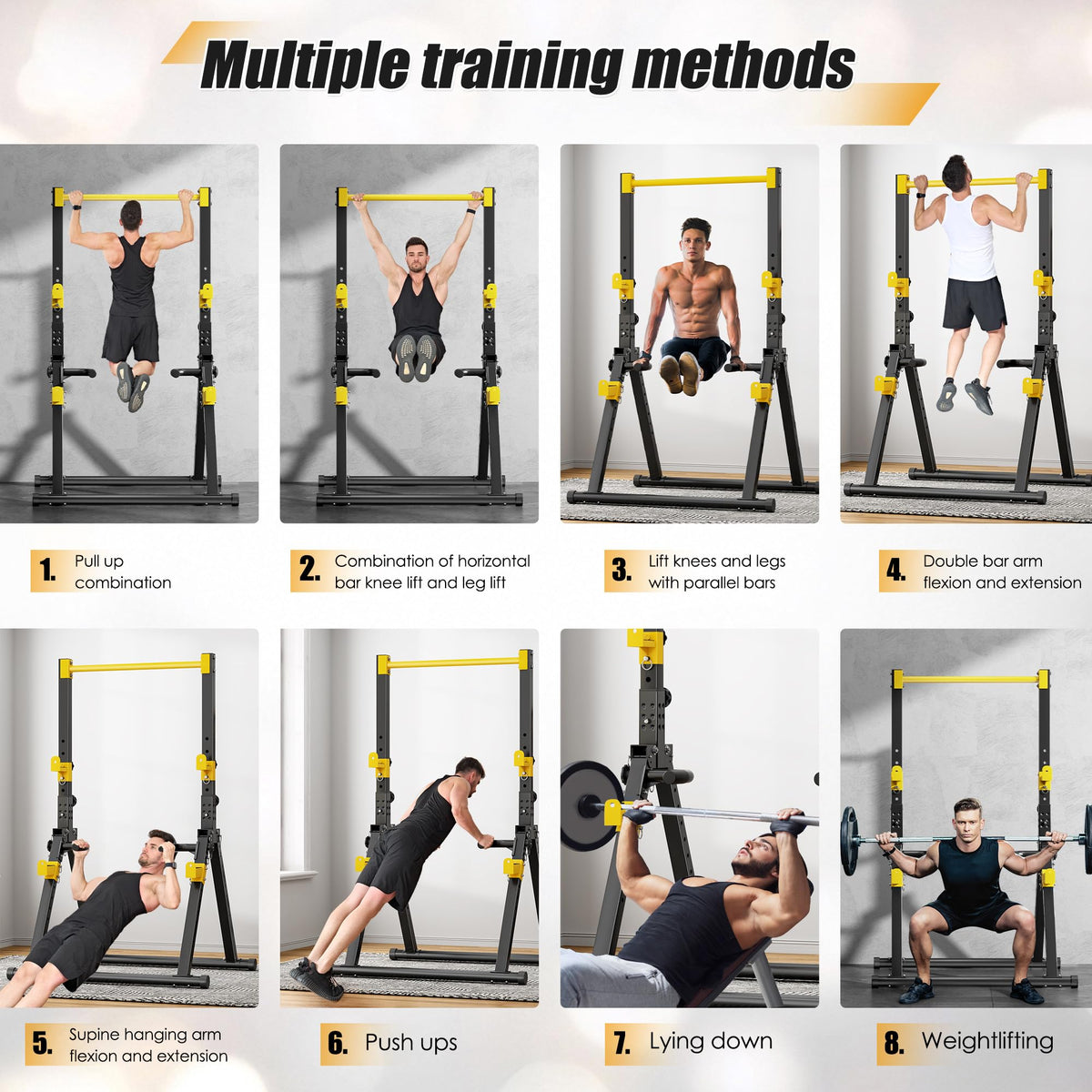 soges Foldable Power Tower, Pull Up Dip Station for Home Gym, 500 LBS Capacity Power Tower with Triangular Design, Adjustable Height Pull Up Bar for Full Body Workout (Yellow)