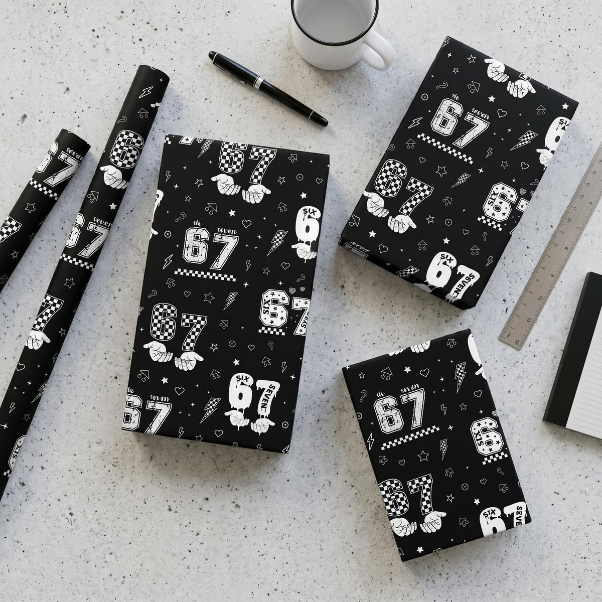 Joviwrap 6 7 Funny Number Wrapping Paper Roll, Black White Graffiti Style Wrapping Paper with Checkered Pattern, Playful Humor Design for 6 7 Fans Teens Birthday Party Supplies, 17 In x 16.4 Ft