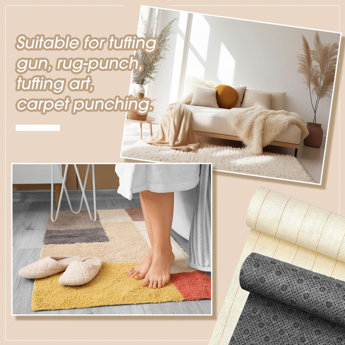 Tudomro 4 Pcs 80'' X 80" Large Tufting Cloth for Rugs and Non Slip Final Backing Tuft Fabric Monks Cloth for Tufting Needle DIY Rug Making, Contains Cleaning Brush and Glue Scraper