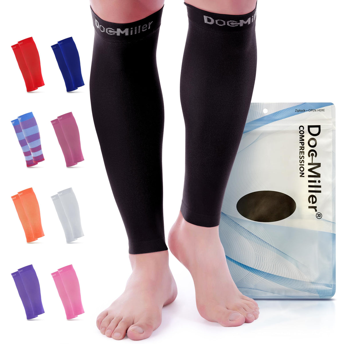 Doc Miller Premium Calf Compression Sleeve 1 Pair 20-30mmHg Graduated Support for Sports Running Circulation Recovery Shin Splints Varicose Veins (Black, Large)