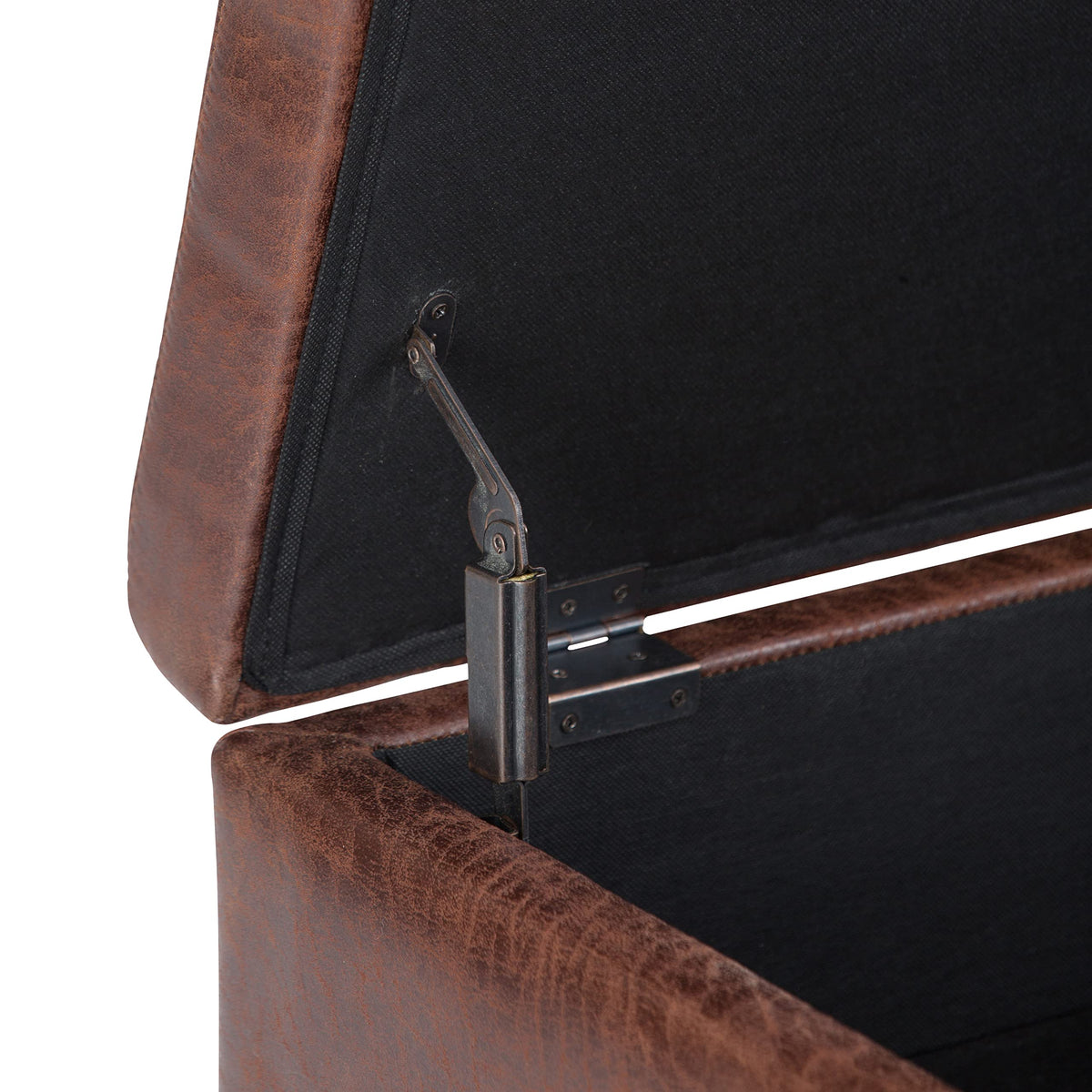 SIMPLIHOME Owen Coffee Table Storage Ottoman - 34" Wide x 19" High Upholstered Vegan Leather Rectangular Lift-Top Ottoman in Distressed Saddle Brown, Mid-Century Modern Bench with Tapered Legs