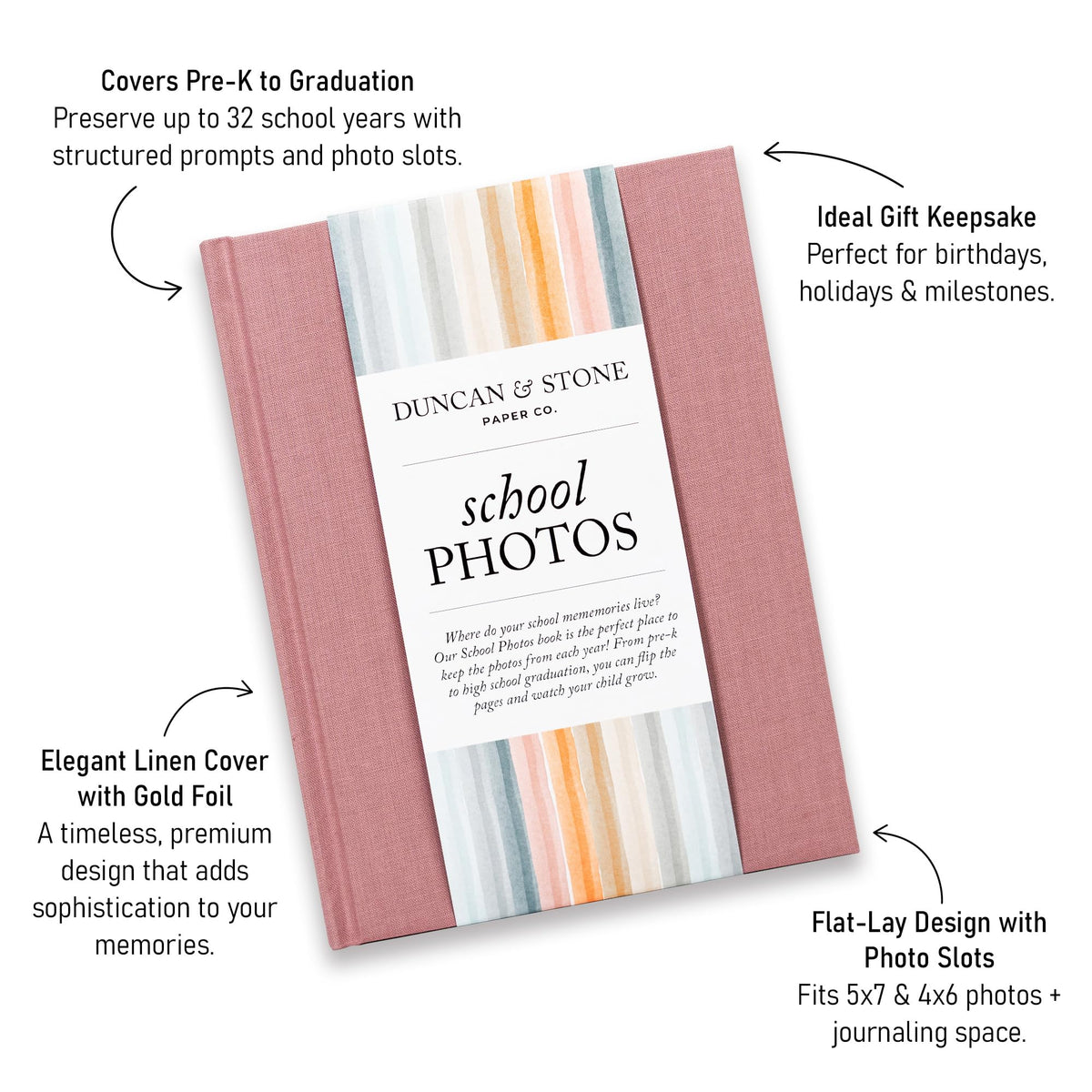 Elegant School Memory Book Prek-12 - Durable School Photo Book w/Photo Spaces, Prompts & More - 70 Pages Kids Scrapbook for Easy Journaling (Mauve)