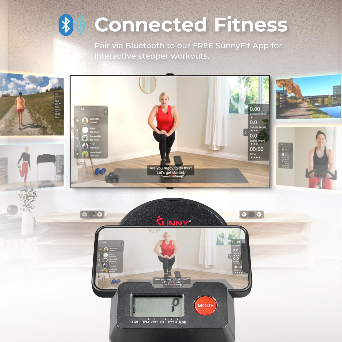 Sunny Health & Fitness 16.9-Inch Mountain Climb Stair Stepper with Handlebar, SunnyFit App Trainer-Led Workouts, Low-Impact Full-Body Cardio, Compact Folding Design - SF-S021001