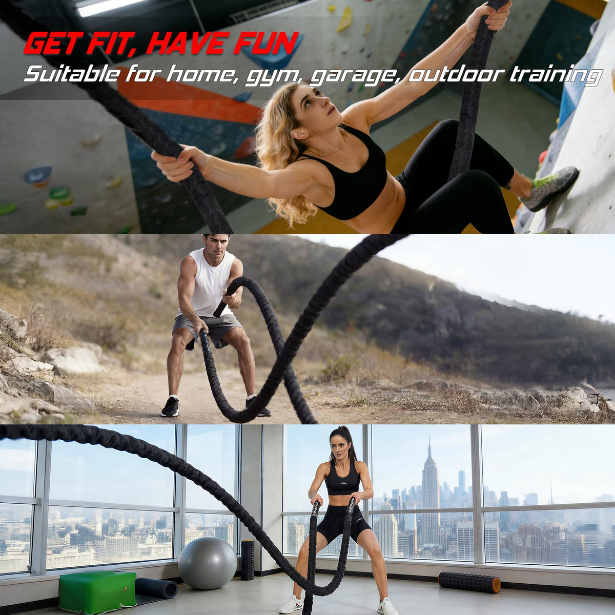 Battle Rope For Home Gym Workout - 1.26 Inch 30ft Heavy Weighted Training Exercise Ropes Fitness Equipment With Sleeve And Anchor Strap Kit For Outdoor Working Out
