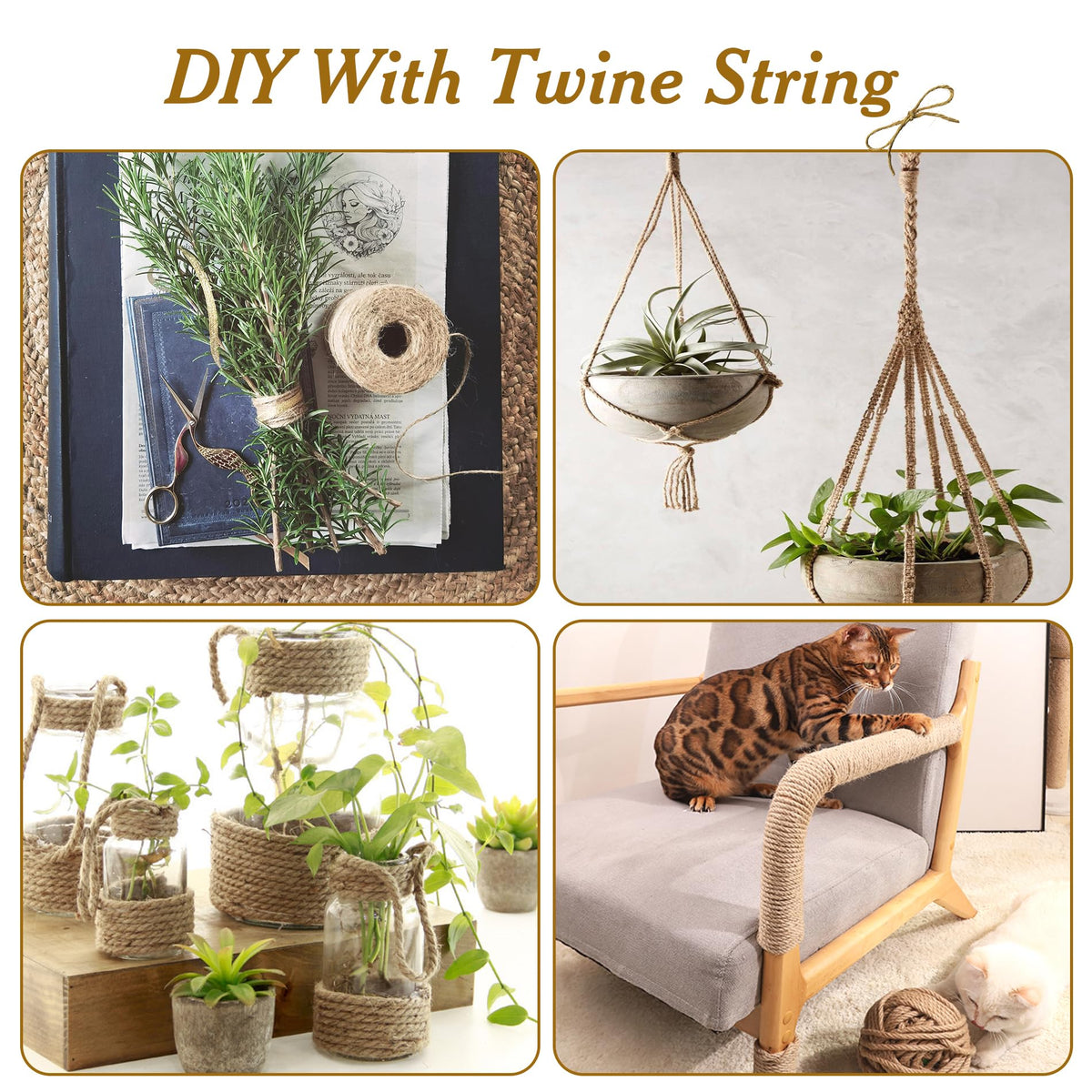 4mm*328 Feet Natural Jute Twine String DIY Home Decor,Medium Thick Jute Twine for Crafting Gift Wrapping Packing Gardening Crochet Knitting Macrame Decor,6-Strand Twisted Brown Rope for Cat Tree