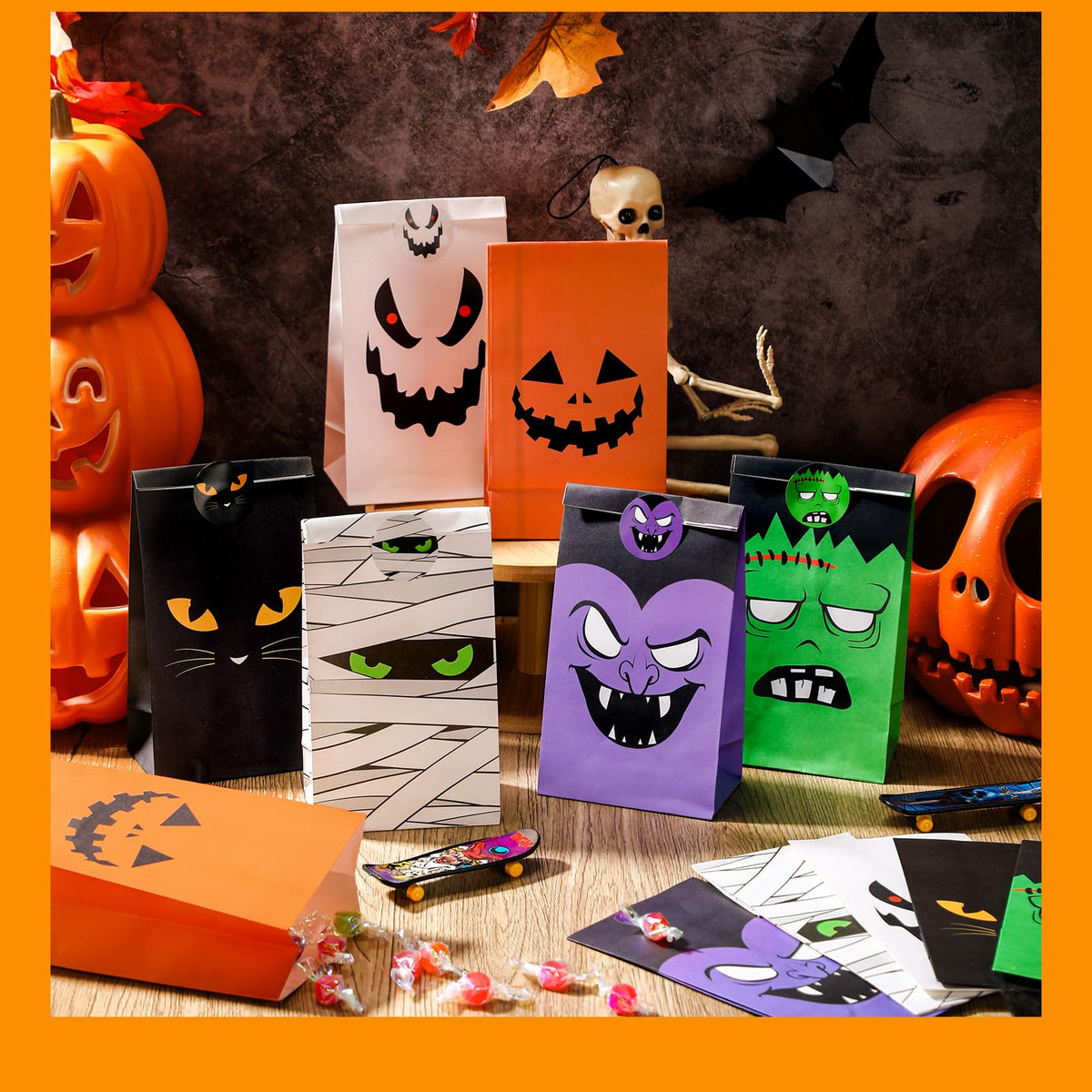 TaoBary Halloween Treat Bags Cute Trick or Goody Bags Halloween Paper Favor Bag with 6 Assorted Designs Stickers for Trick or Goody Birthday Party Event Supplies(60 Pcs)