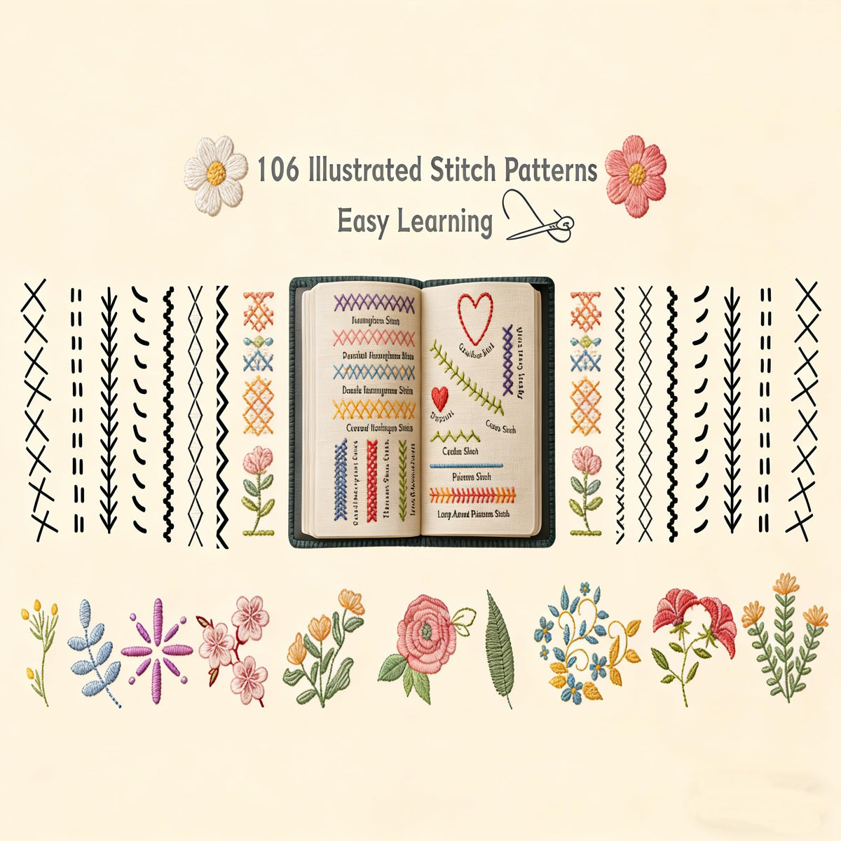 New DIY Embroidery Stitch Book Kit,86-Piece Sewing Tool Set,with 106 Illustrated Stitches,Step-by-Step Tutorials,Perfect Gift for Craft Lovers & Cross Stitch Enthusiasts