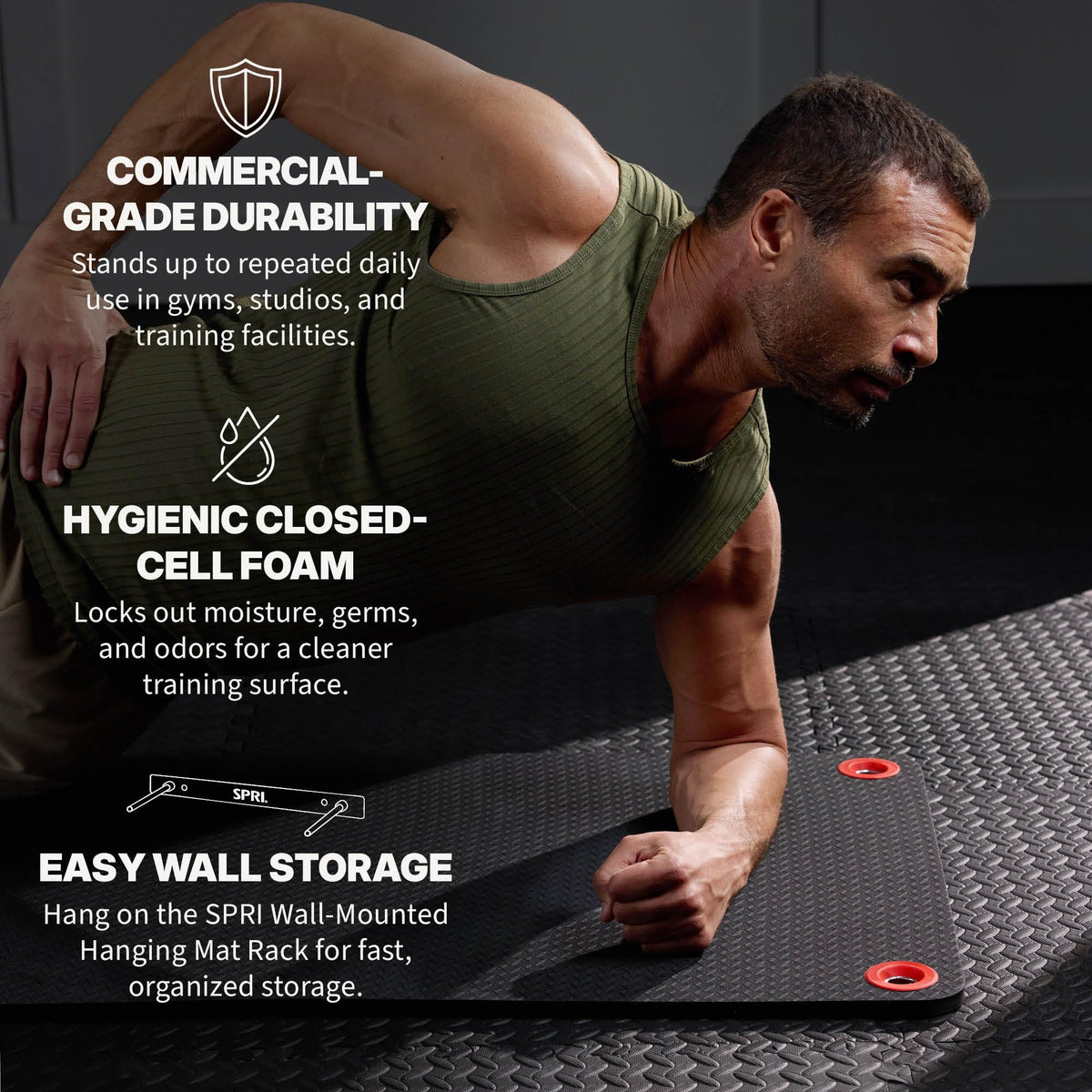 SPRI Hanging Exercise Mat, Fitness & Yoga Mat for Group Fitness Classes, Commercial Grade Quality with Reinforced Holes, 56"L x 23"W x 5/8" Thick
