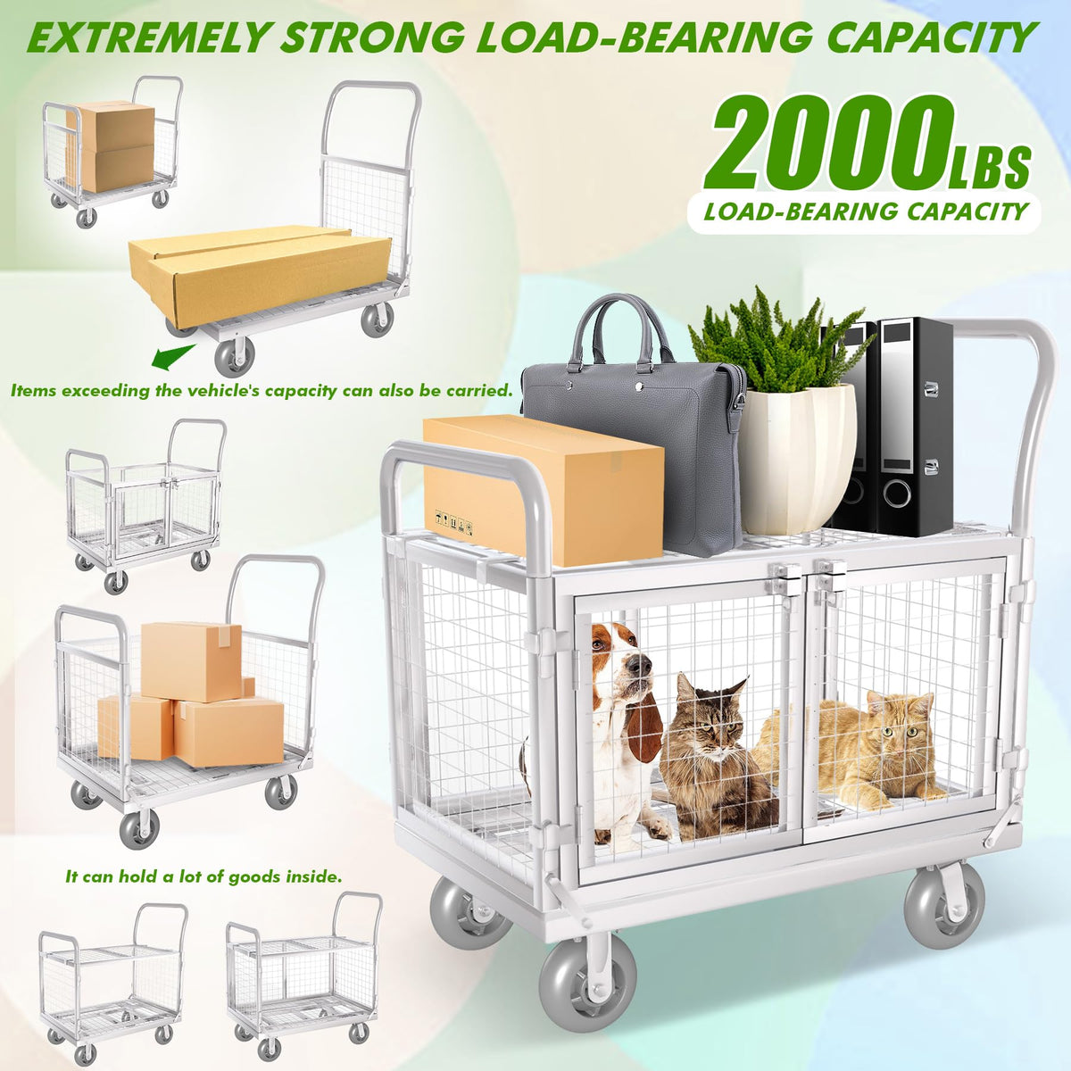 Platform Truck Cart with Cage 2-Door Design 7 in 1 Mutipurpose Handcart with 5" Wheel 39"x25" Large Uitility Cart, Mesh Plate w/Removalble Fence 6-Side, Load 2000lbs for Grocery/Laundry/Stall/Storage