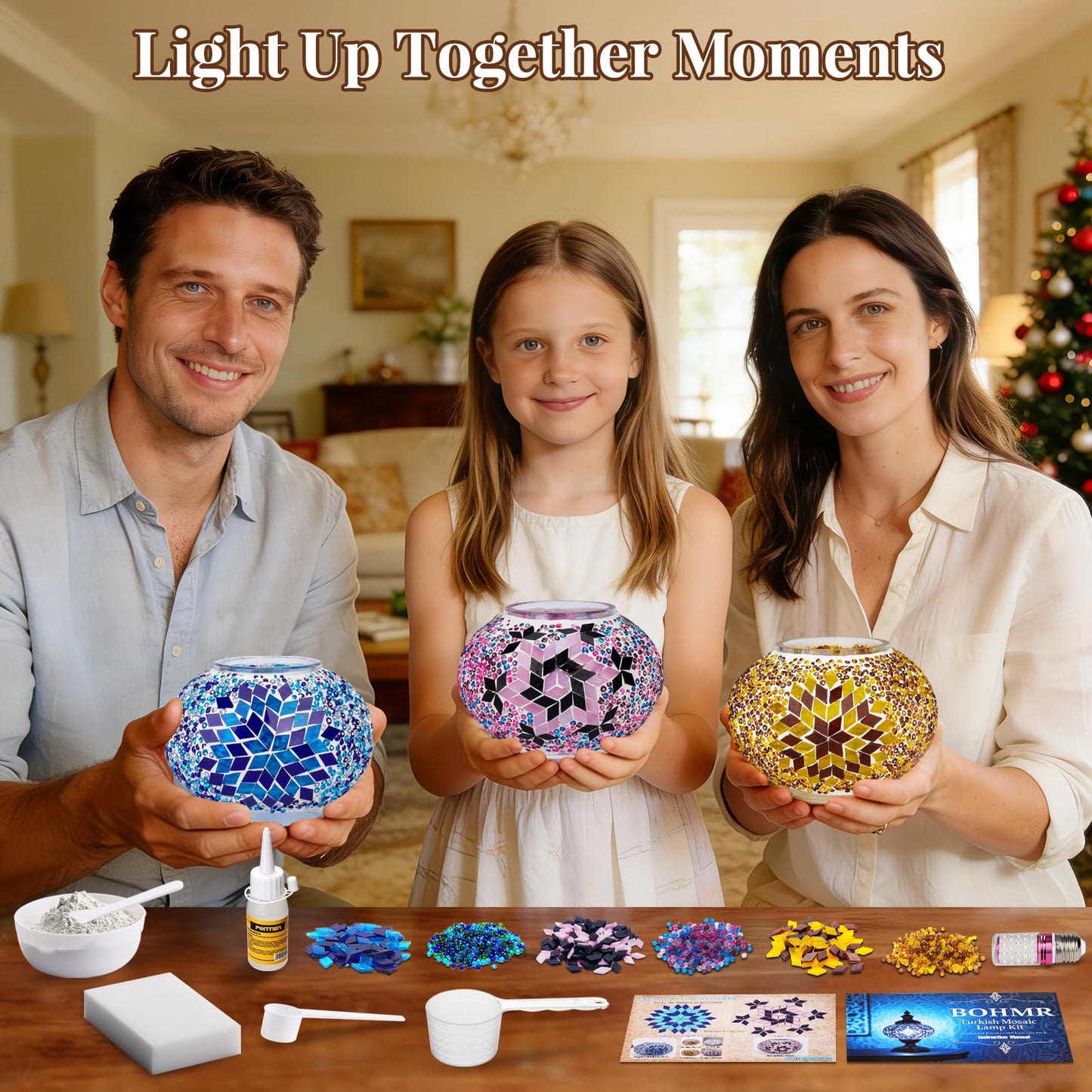 BOHMR DIY Turkish Mosaic Lamp Kit, Stained Glass Table Lamp Making Kit- Easy and Fun, No Experience Needed, Mosaic Art & Craft Project Kits for Adults & Teens, Make Your Own Table Lamp,Blue