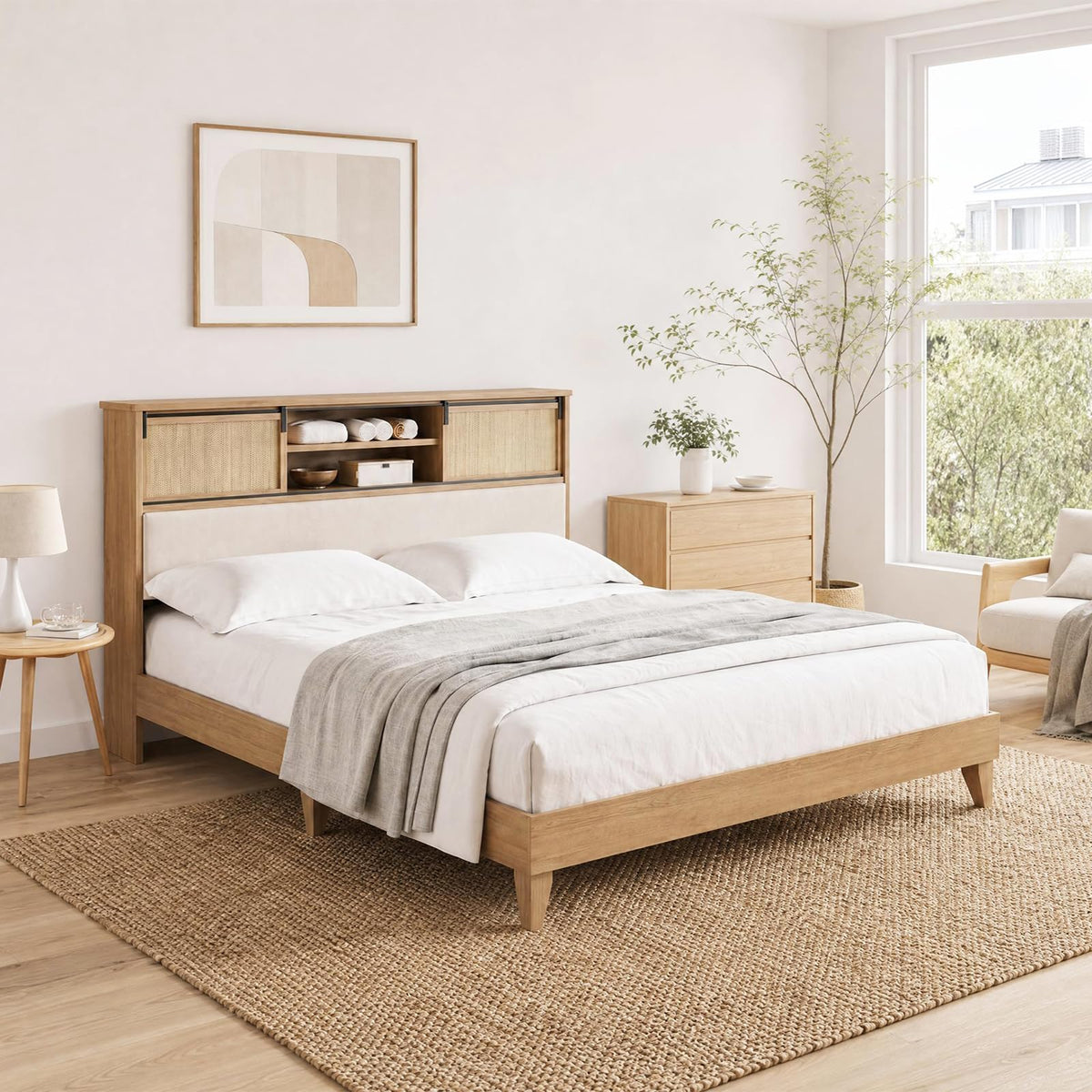GarveeHome Queen Size Solid Wood Bed Frame with Storage Headboard, Rattan Upholstered Bookcase Headboard with Sliding Doors & Charging Station, No Bos Spring Needed