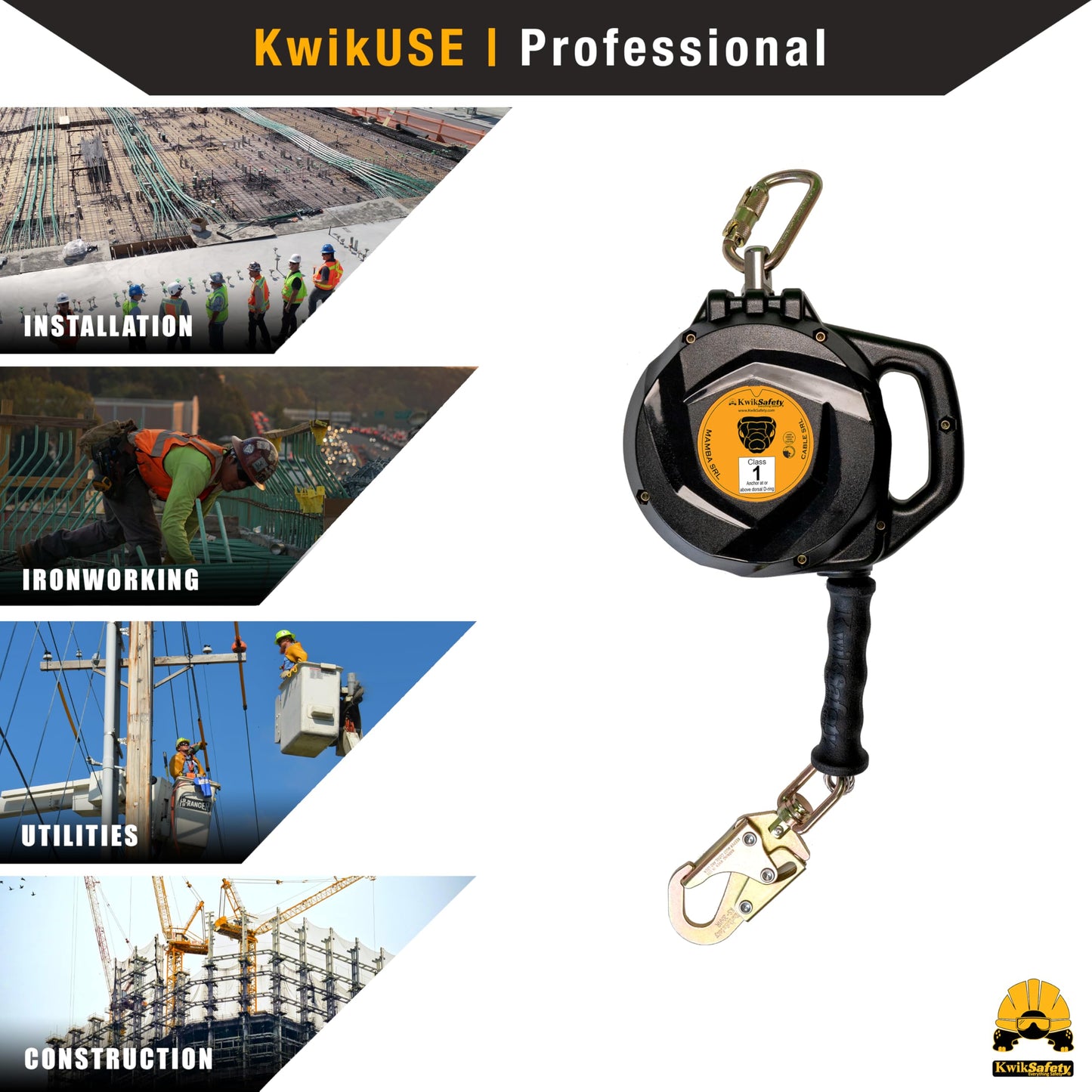 KwikSafety - Charlotte, NC - Mamba 33’ Self Retracting Lifeline [Carbonate + Integrated Handle] Class 1 Cable SRL ANSI OSHA Retractable Fall Arrest Safety Roofing Construction Gear
