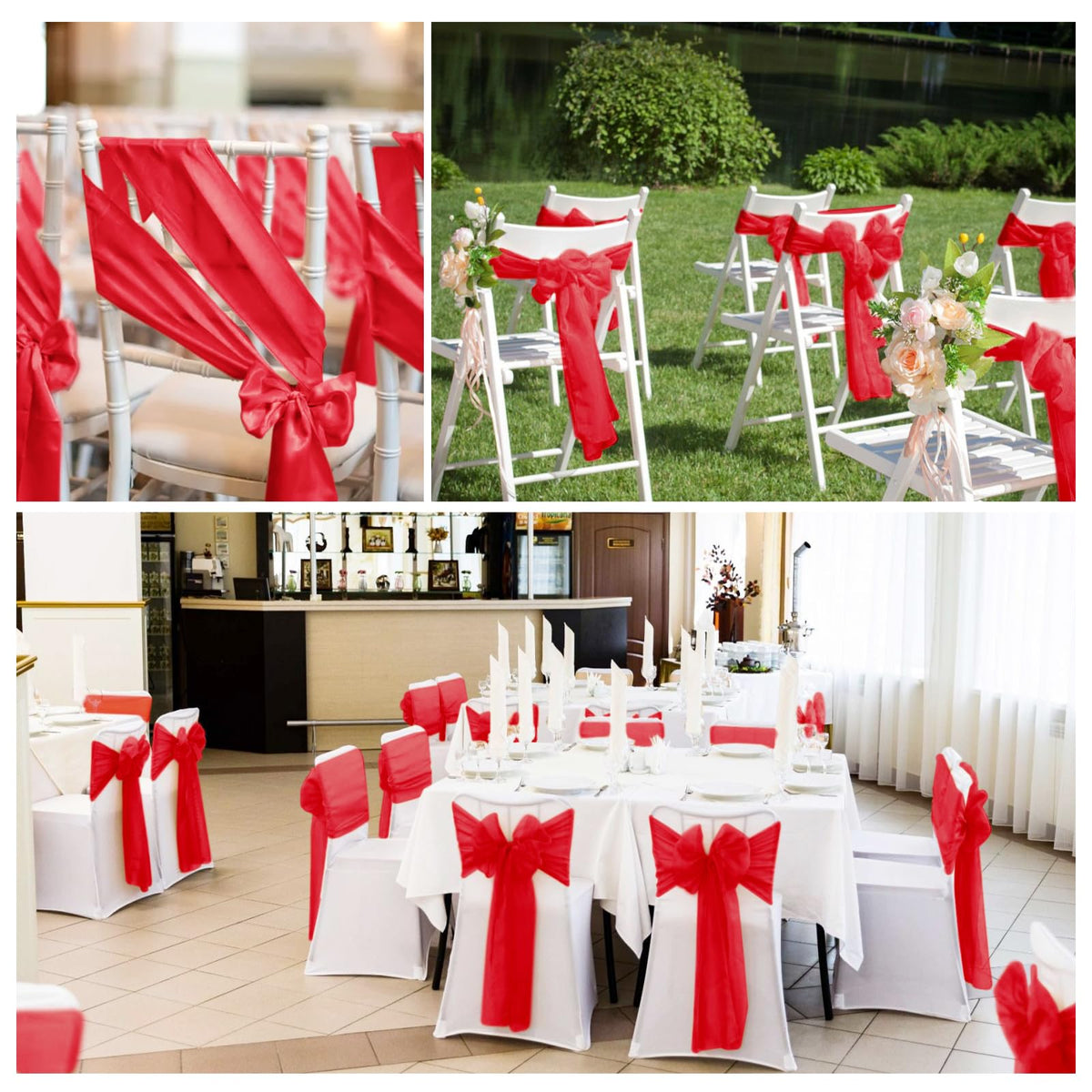 YMHPRIDE 60 PCS Red Satin Chair Sashes,Ties Chair Bows Designed Chair Sashes Chair Cover for Wedding Party Baby Shower Banquet Folding Chairs Decoration(Red,7x108 inch)