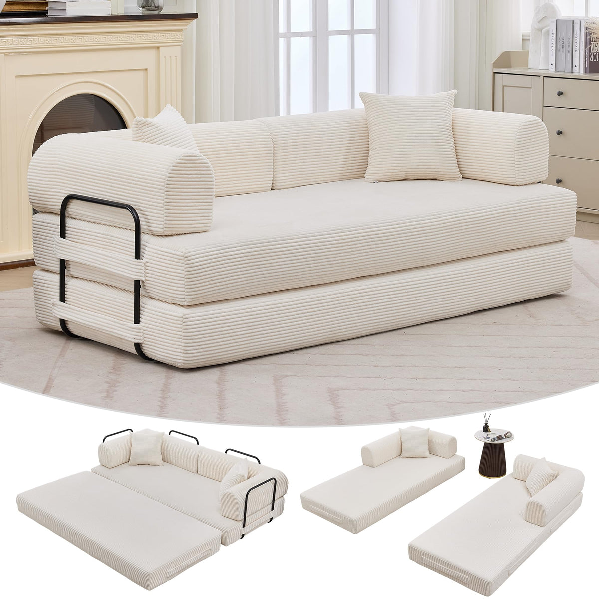 GarveeHome 79" Convertible Sleeper Sofa Bed Couch, 4-in-1 Boneless Corduroy Folding Sofa Bed with Pillow & Fixed-Shape, Floor Mattress Couch Loveseat for Living Room Apartments - No Assembly, Beige