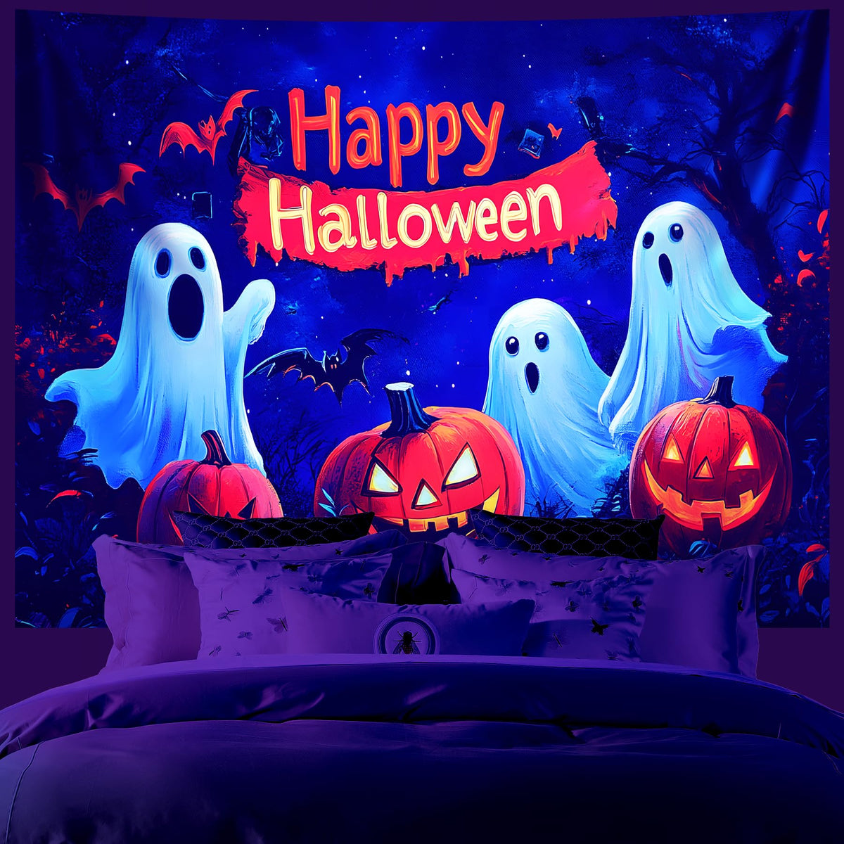 AOHMPT Glow-in-the-Dark Halloween Tapestry - UV Reactive Black Light Wall Hanging Decor for Spooky Parties, Bedroom, Living Room (Happy Halloween, 79L x 59W, Unframed)