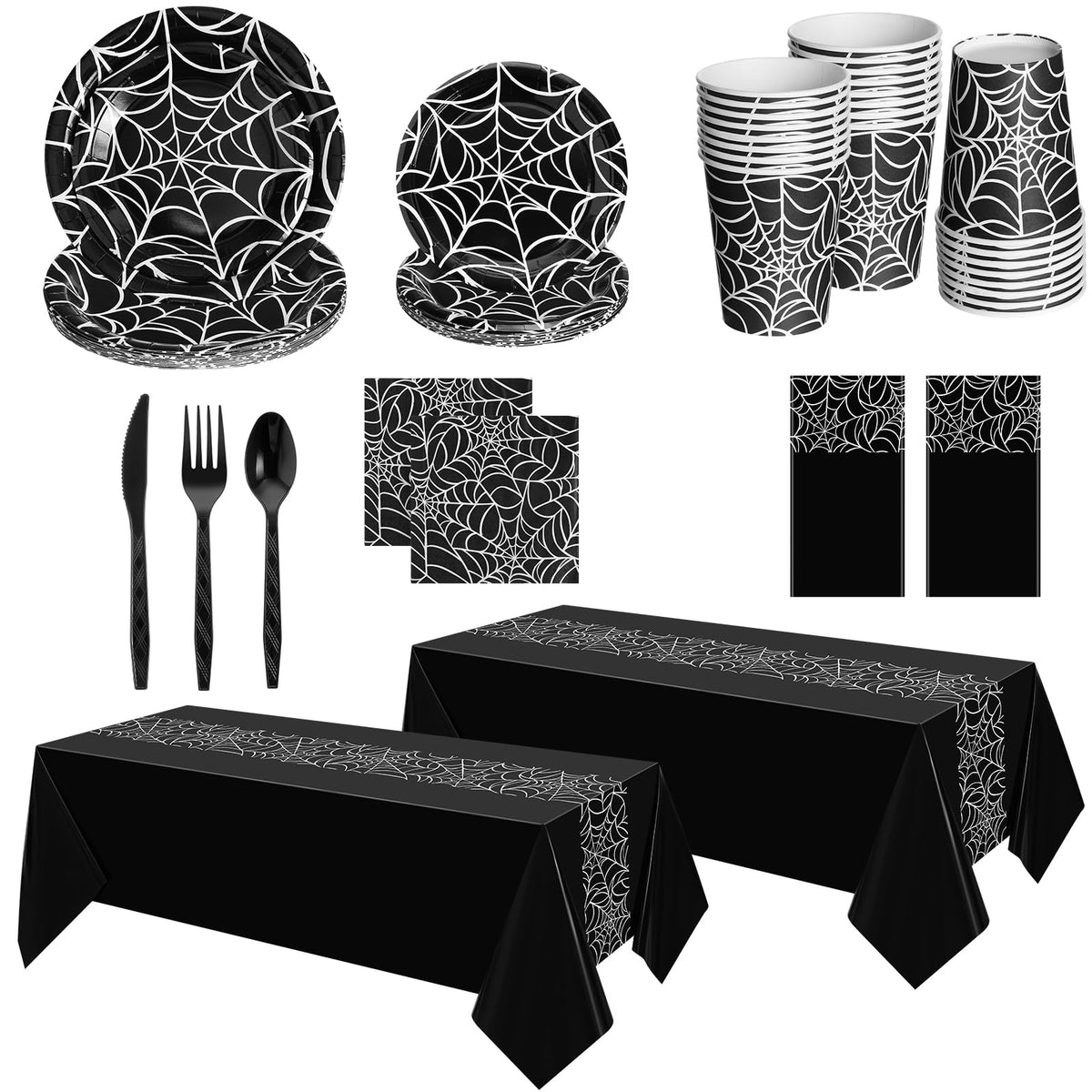 Oudain 162 Pcs Spiderweb Birthday Party Decoration Black White Spider Web Rectangular Tablecloth Disposable Plates Napkins Cups Forks Spoons Knifes Tableware Set for Theme Party Supplies
