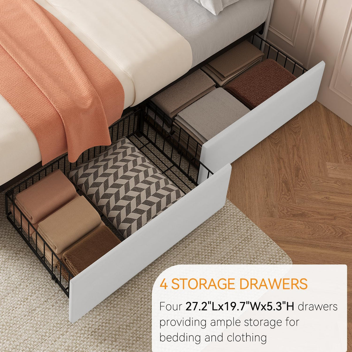 GarveeHome King Size Bed Frame with 4 Storage Drawers and Faux Leather Upholstered Headboard, Wooden Slats Support, Button Tufted Design, No Box Spring Needed, White